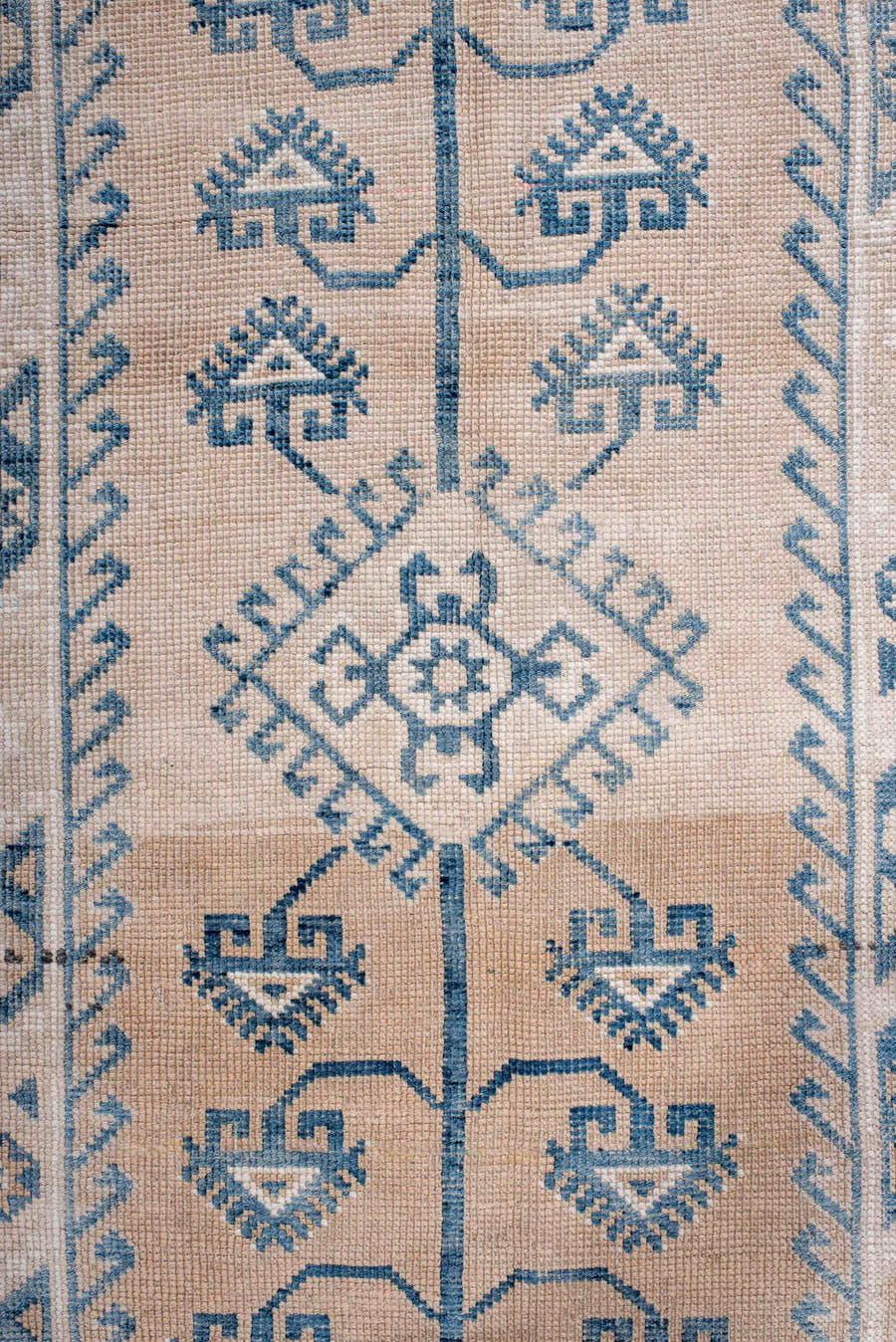 4' x 6' one-of-a-kind handmade antique Anatolian small size rug. Color palette: ivory, sky blue, beige, taupe, camel