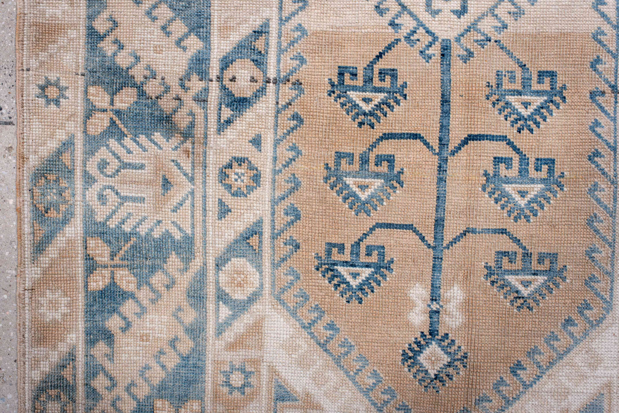 4' x 6' one-of-a-kind handmade antique Anatolian small size rug. Color palette: ivory, sky blue, beige, taupe, camel