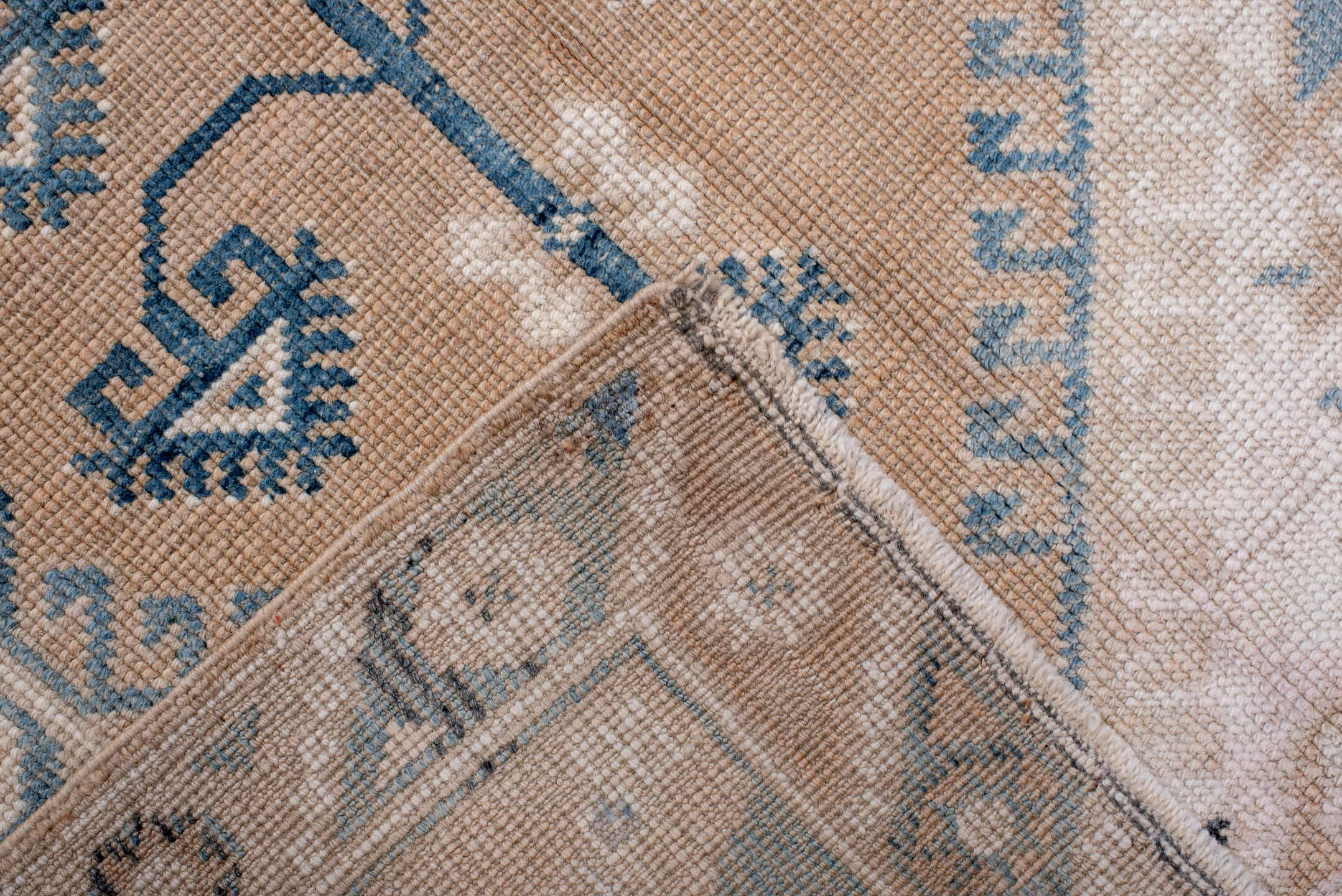 4' x 6' one-of-a-kind handmade antique Anatolian small size rug. Color palette: ivory, sky blue, beige, taupe, camel