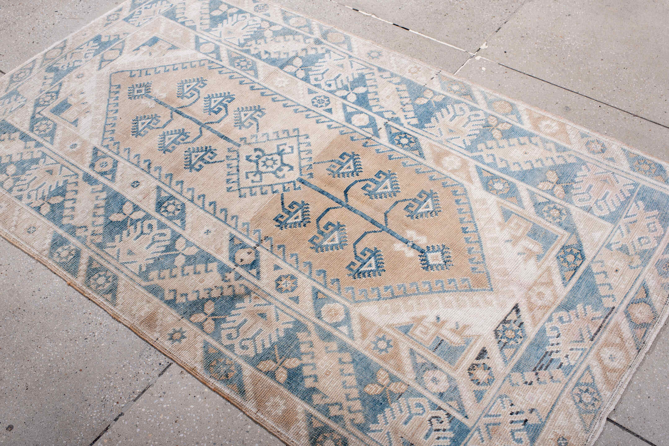 4' x 6' one-of-a-kind handmade antique Anatolian small size rug. Color palette: ivory, sky blue, beige, taupe, camel