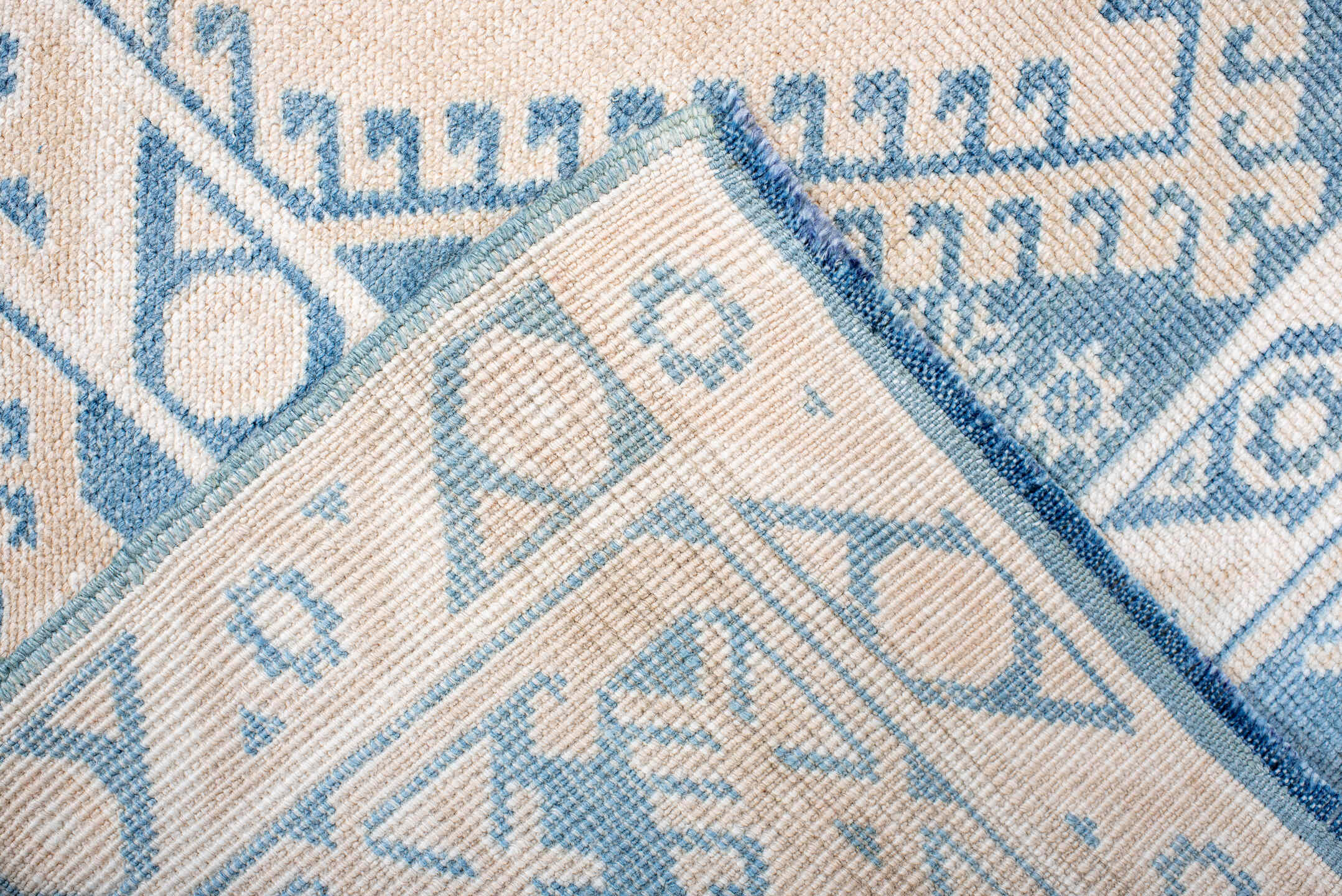 3' x 6' one-of-a-kind handmade vintage Anatol small size rug. Color palette: blue, dark gray, floral white, gainsboro, gray