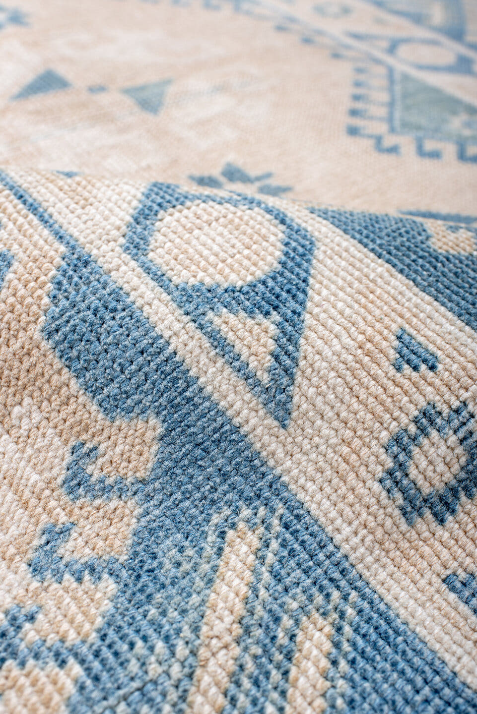 3' x 6' one-of-a-kind handmade antique Anatolian small size rug. Color palette: ivory, sky blue, powder blue, light blue