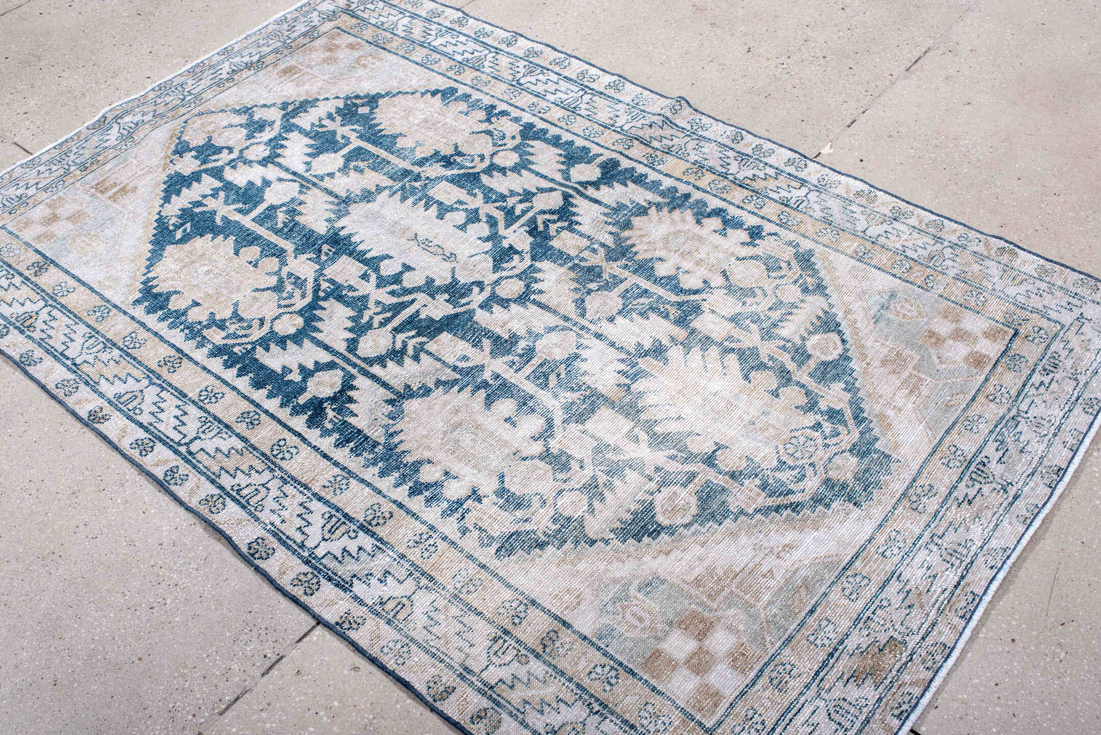 4' x 6' one-of-a-kind handmade antique Hamadan small size rug. Color palette: ivory, sky blue, beige, taupe, light blue