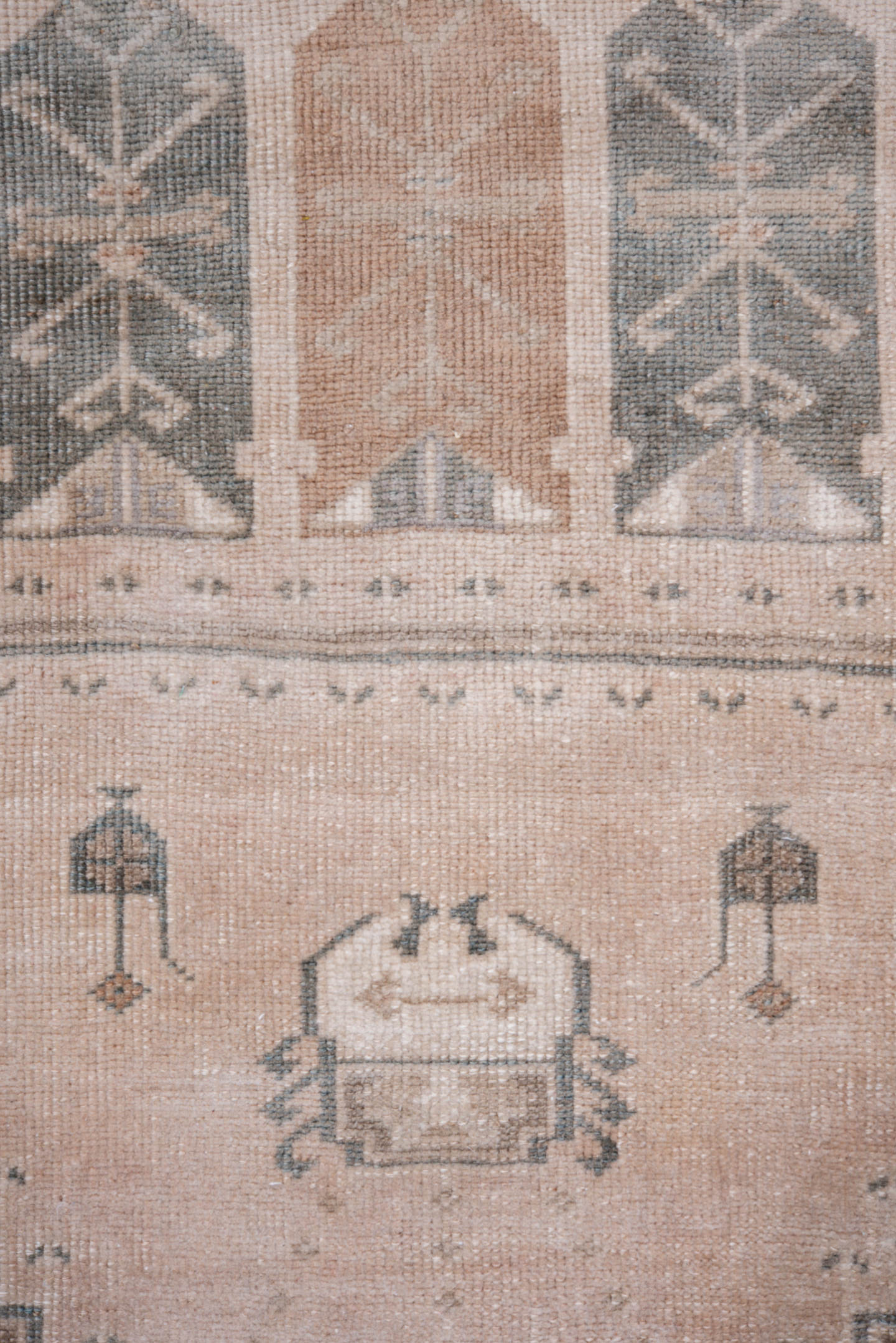 3' x 5' one-of-a-kind handmade vintage Anatolian small size rug. Color palette: ivory, blush, taupe, slate, camel, rust