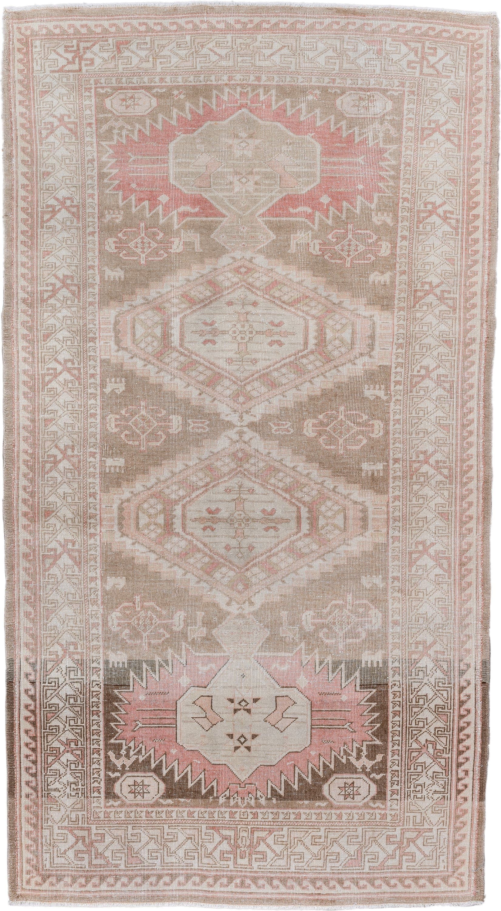 4' x 7' one-of-a-kind handmade vintage Sarab rug. Color palette: taupe, ivory, blush, brown, rose, cream, beige, gray, pink
