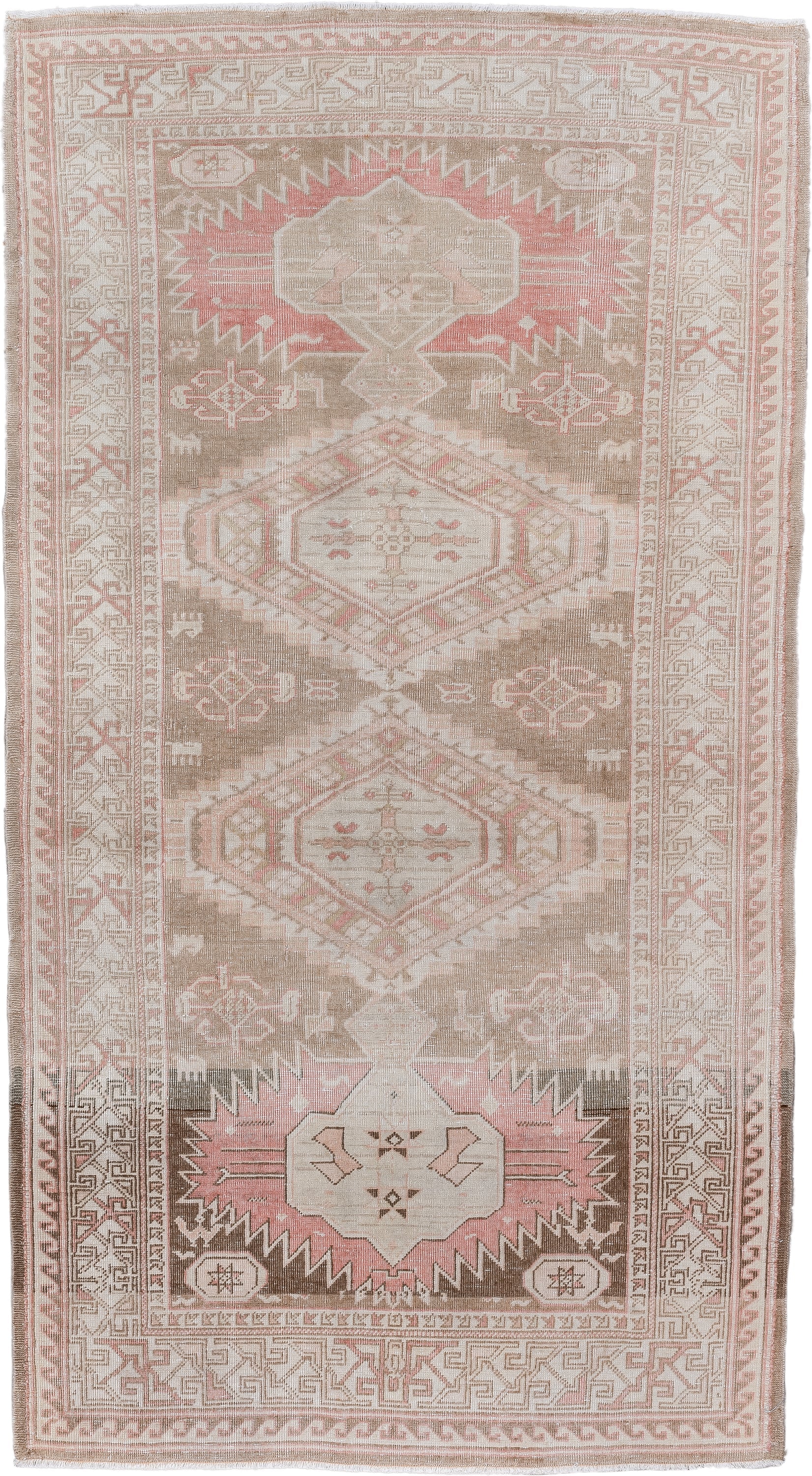 4' x 7' one-of-a-kind handmade vintage Sarab rug. Color palette: taupe, ivory, blush, brown, rose, cream, beige, gray, pink