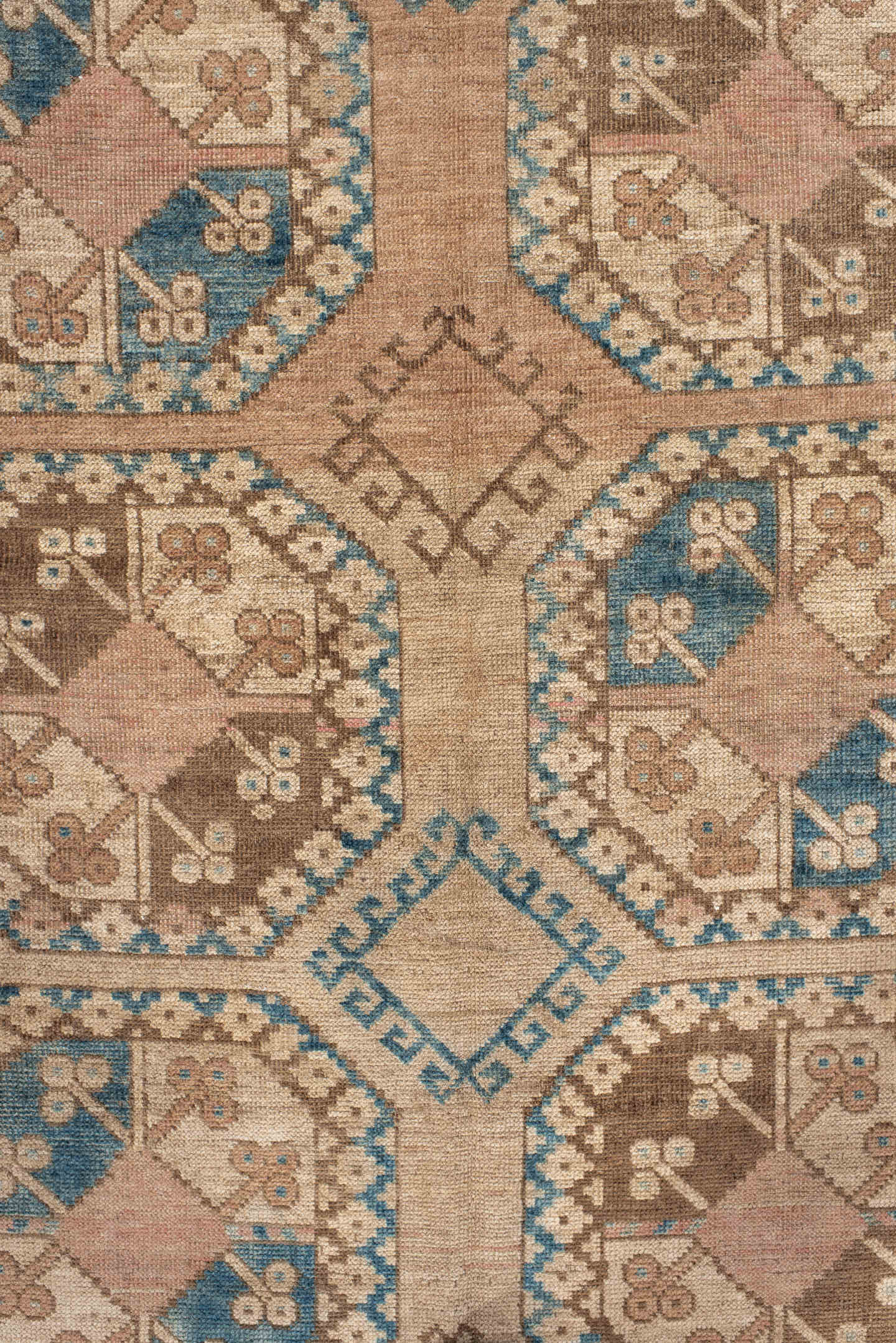 3' x 6' one-of-a-kind handmade antique Afghan small size rug. Color palette: camel, taupe, teal, ivory, rust, rose, brown