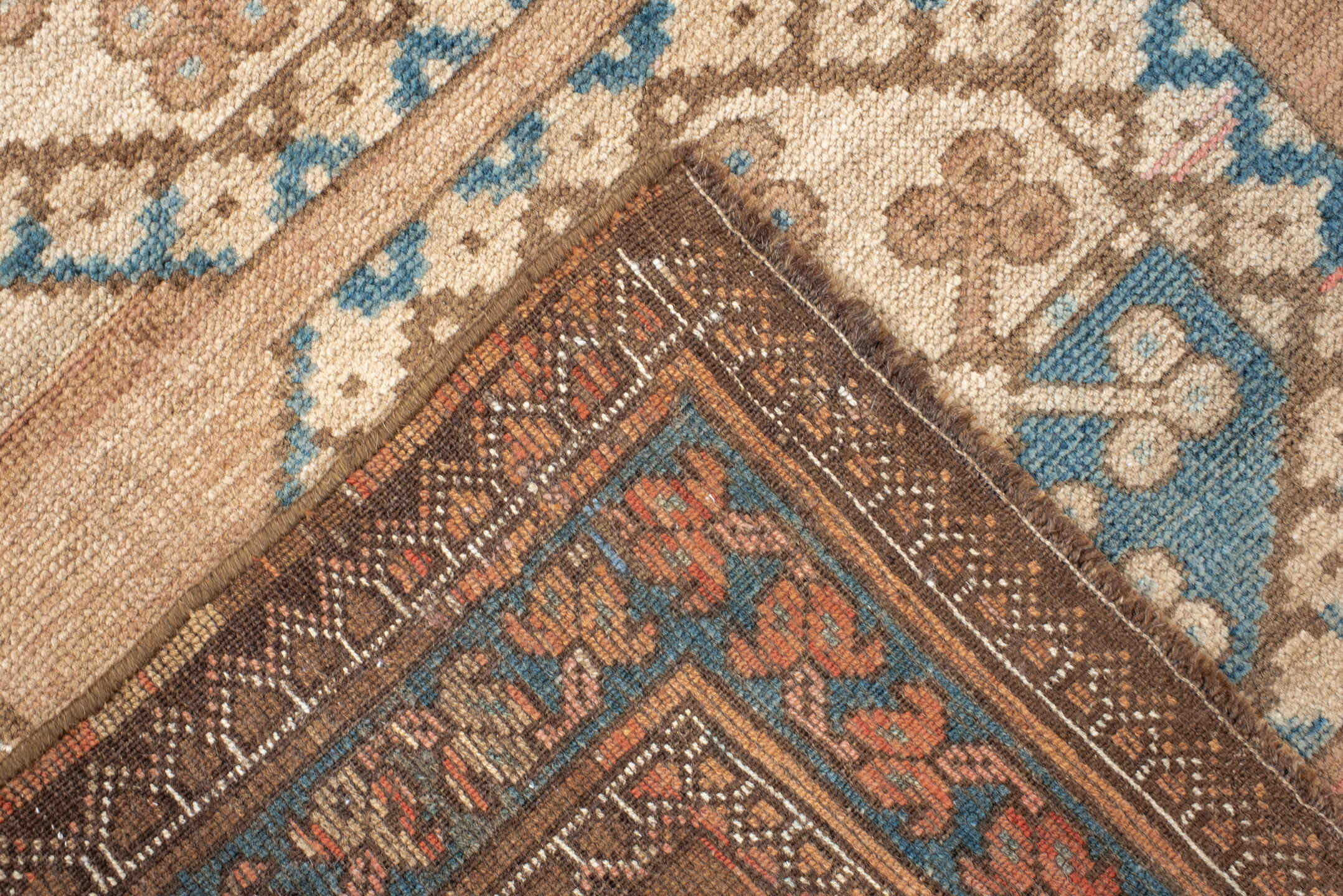 3' x 6' one-of-a-kind handmade antique Afghan small size rug. Color palette: camel, taupe, teal, ivory, rust, rose, brown