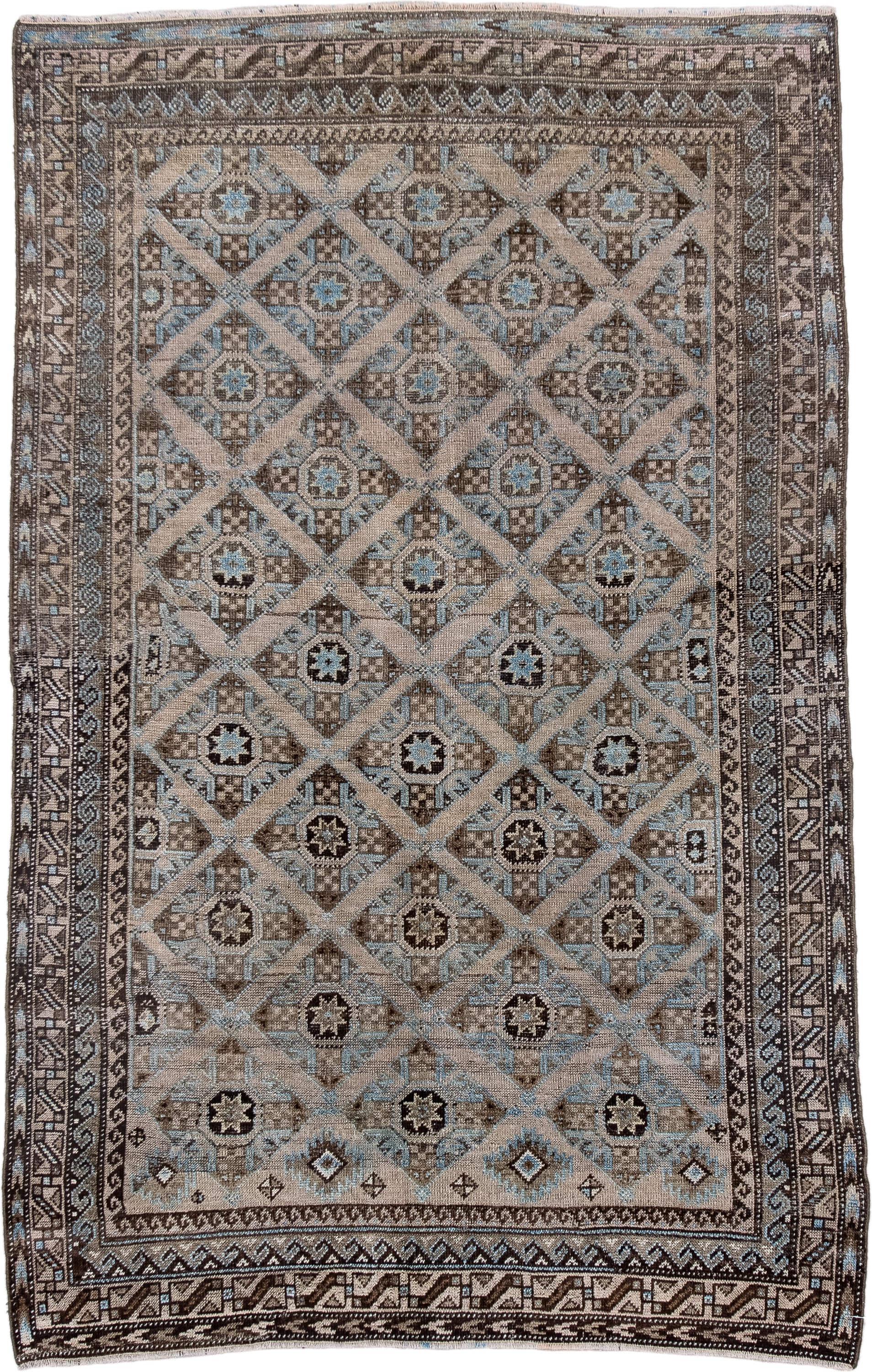 3' x 5' one-of-a-kind handmade antique Belouch small size rug. Color palette: brown, camel, ivory, sky blue, taupe, charcoal