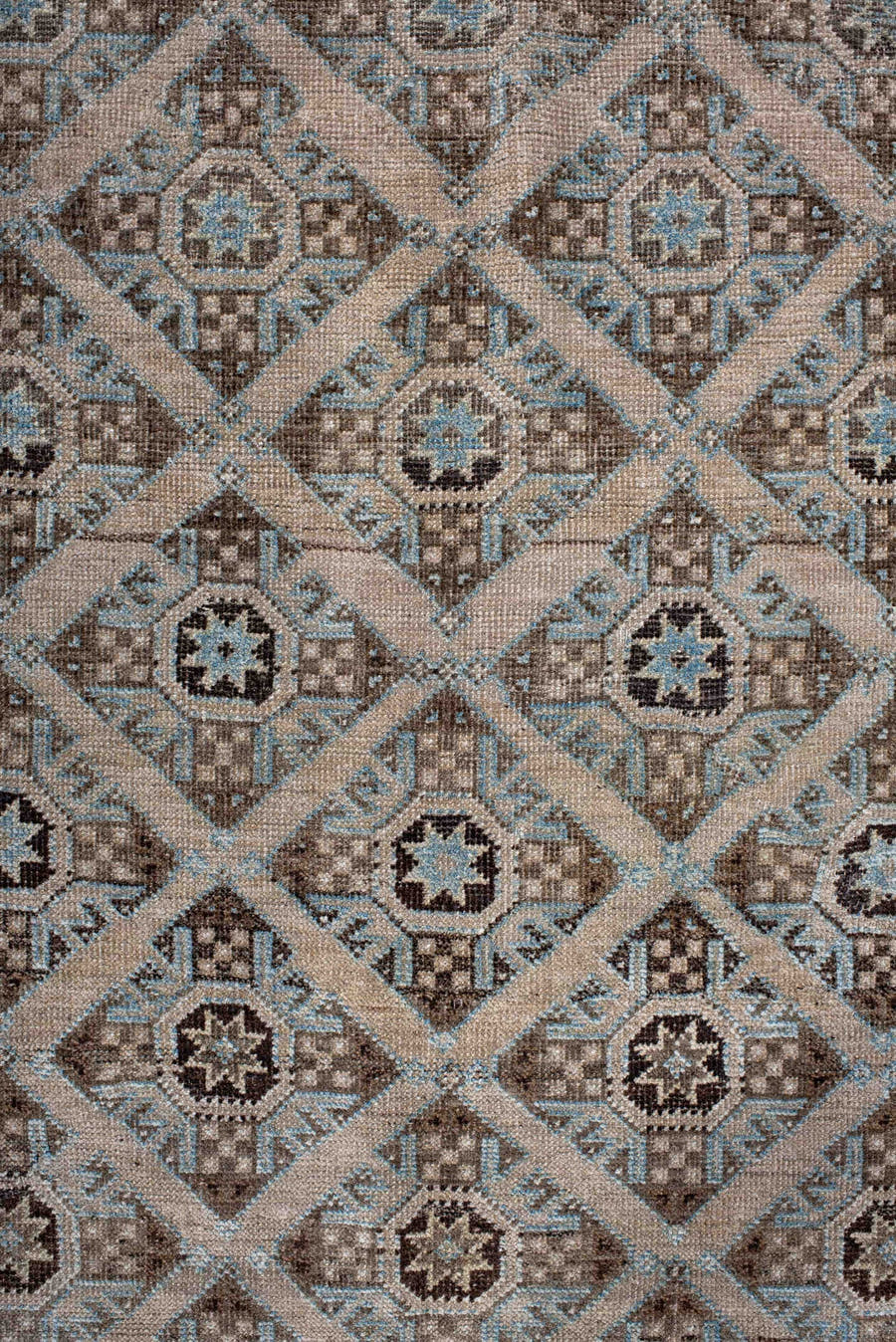 3' x 5' one-of-a-kind handmade antique Belouch small size rug. Color palette: brown, camel, ivory, sky blue, taupe, charcoal