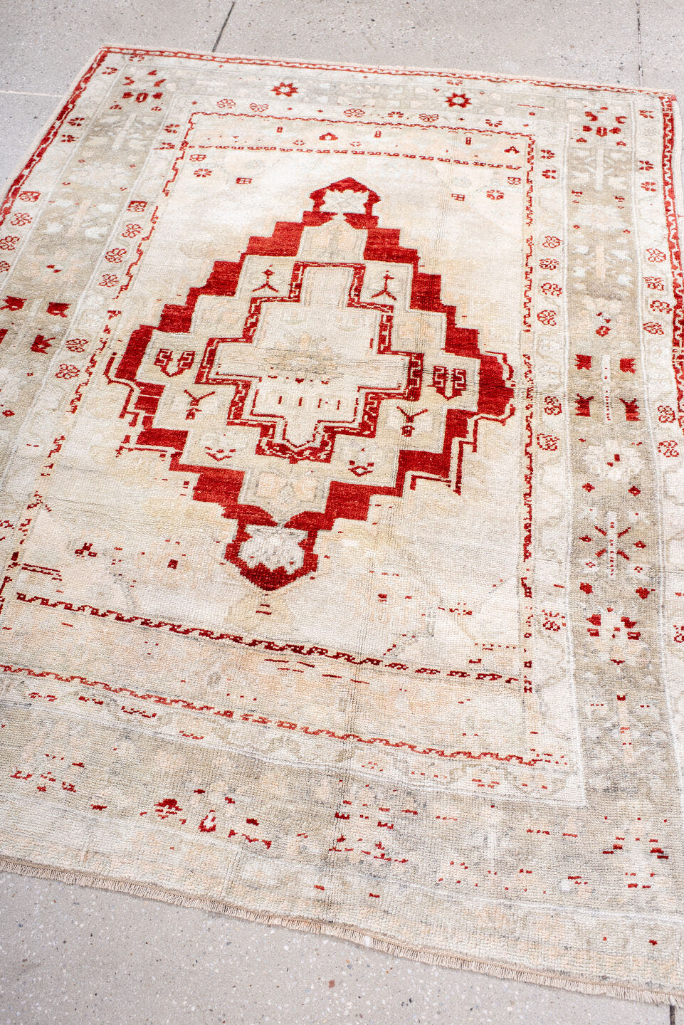 4' x 5' one-of-a-kind handmade antique Anatolian small size rug. Color palette: ivory, red, cream, taupe, beige, gray