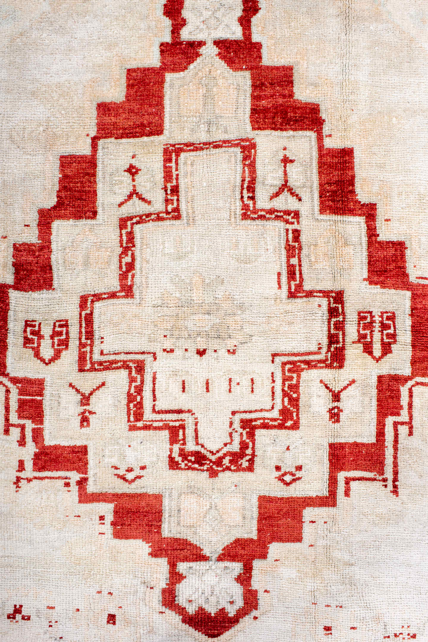 4' x 5' one-of-a-kind handmade antique Anatolian small size rug. Color palette: ivory, red, cream, taupe, beige, gray