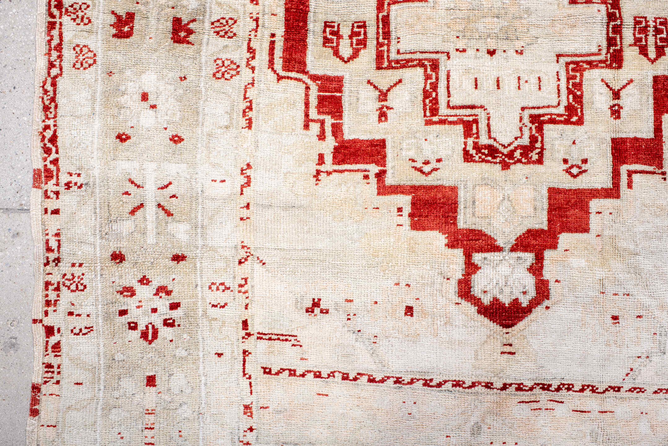 4' x 5' one-of-a-kind handmade antique Anatolian small size rug. Color palette: ivory, red, cream, taupe, beige, gray