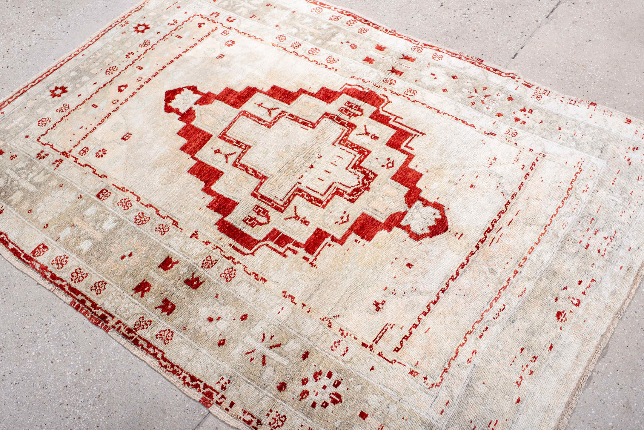 4' x 5' one-of-a-kind handmade antique Anatolian small size rug. Color palette: ivory, red, cream, taupe, beige, gray