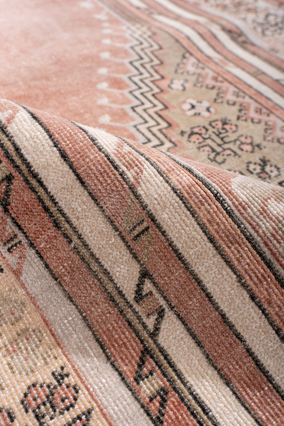 3' x 5' one-of-a-kind handmade antique Anatolian small size rug. Color palette: blush, ivory, charcoal, taupe, rose, camel