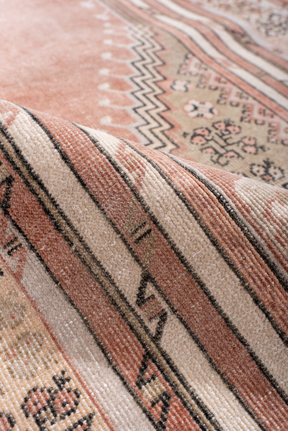 3' x 5' one-of-a-kind handmade antique Anatolian small size rug. Color palette: blush, ivory, charcoal, taupe, rose, camel