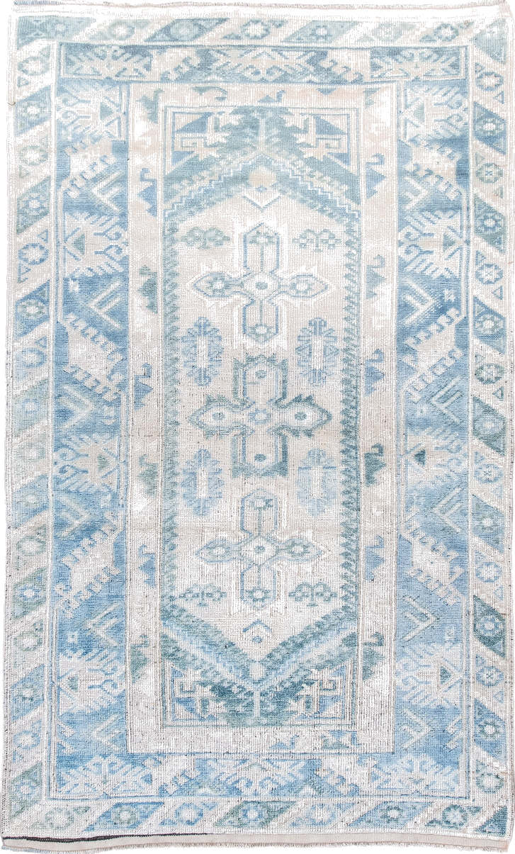 3' x 6' one-of-a-kind handmade vintage Anatolian small size rug. Color palette: blue, dark gray, dim gray, gainsboro