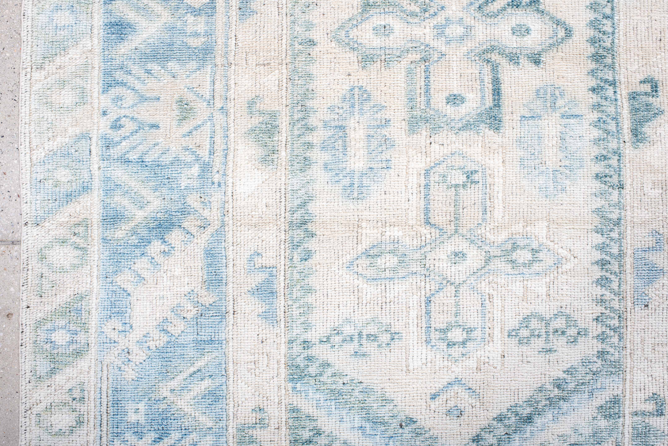 3' x 6' one-of-a-kind handmade antique Anatolian small size rug. Color palette: ivory, sky blue, pale blue, cream, aqua
