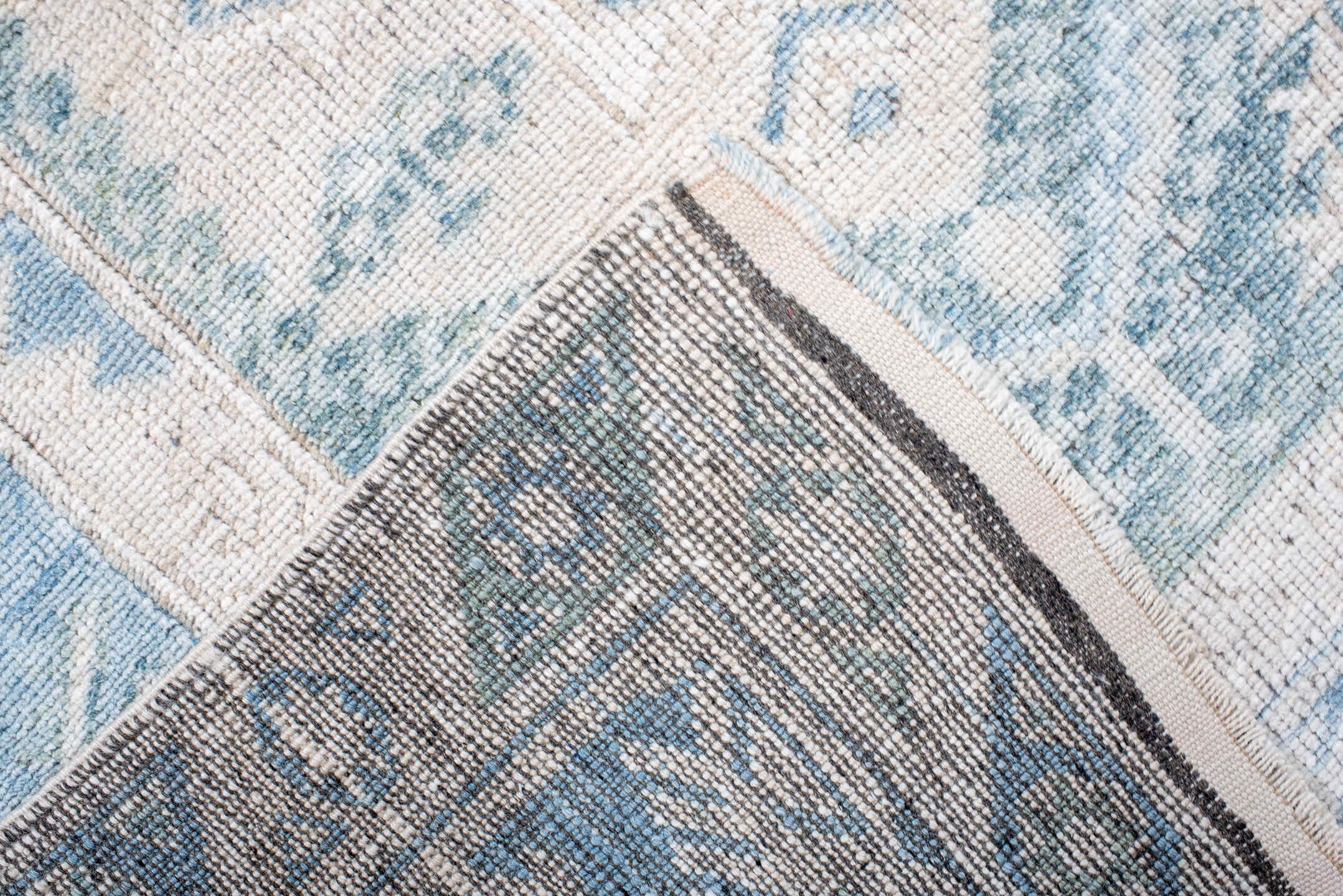 3' x 6' one-of-a-kind handmade antique Anatolian small size rug. Color palette: ivory, sky blue, pale blue, cream, aqua