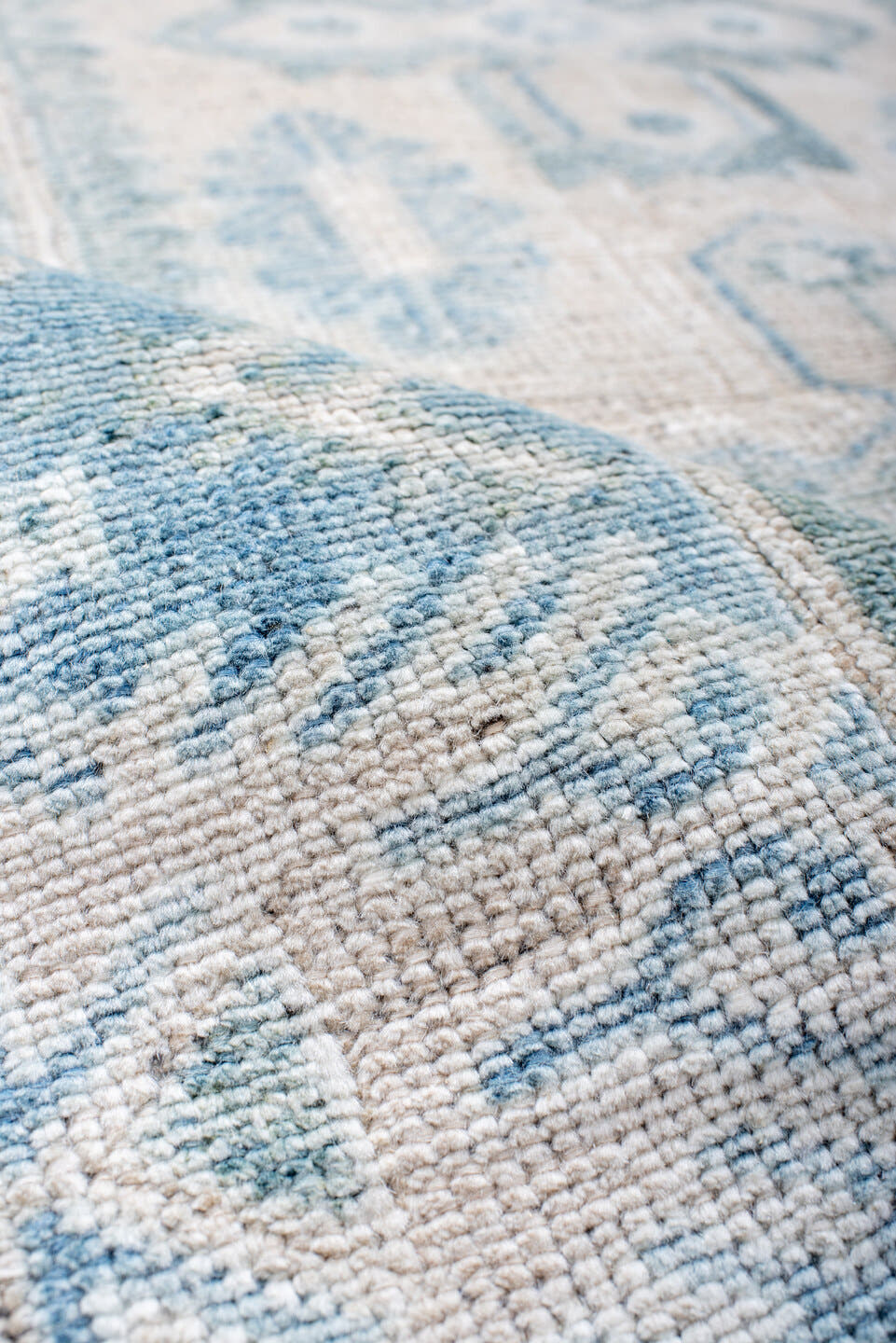 3' x 6' one-of-a-kind handmade antique Anatolian small size rug. Color palette: ivory, sky blue, pale blue, cream, aqua