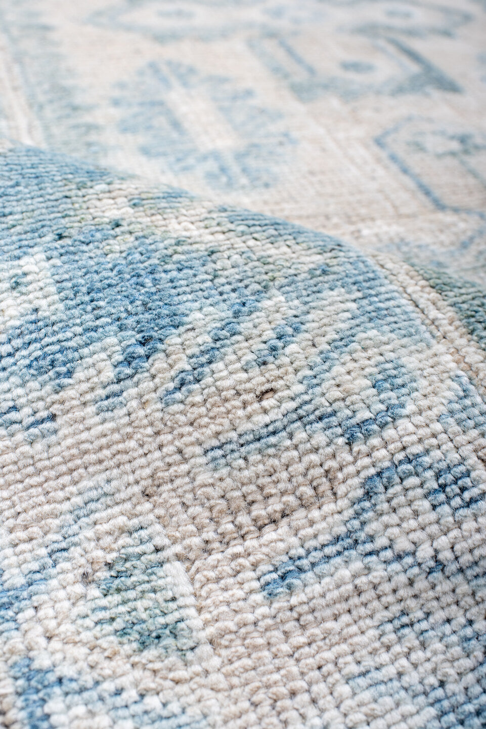 3' x 6' one-of-a-kind handmade antique Anatolian small size rug. Color palette: ivory, sky blue, pale blue, cream, aqua