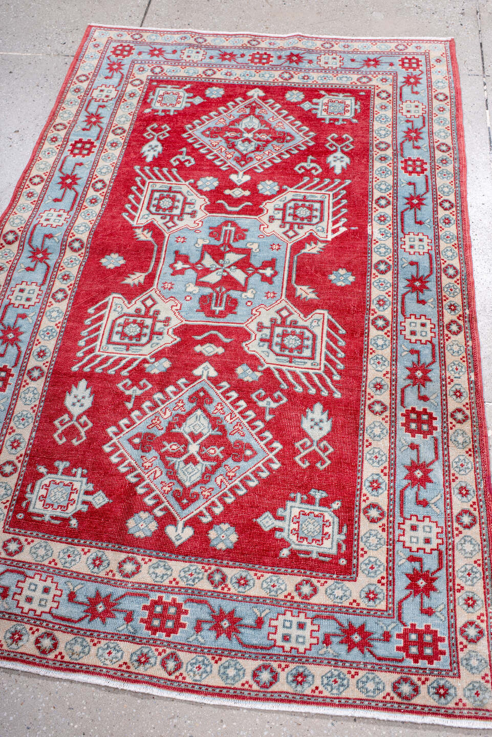 3' x 5' one-of-a-kind handmade antique Sivas small size rug. Color palette: red, ivory, pale blue, crimson, sky blue