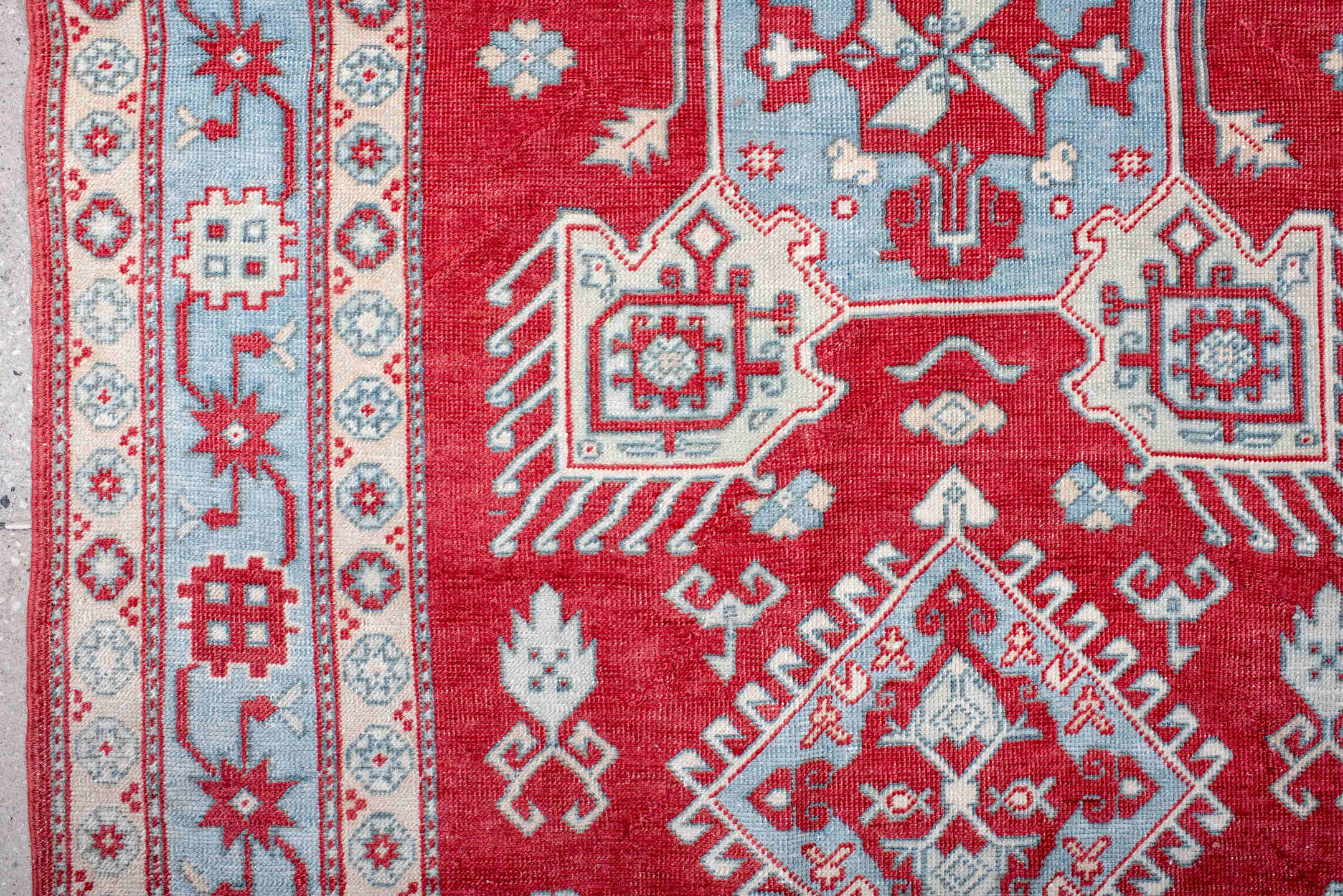 3' x 5' one-of-a-kind handmade antique Sivas small size rug. Color palette: red, ivory, pale blue, crimson, sky blue
