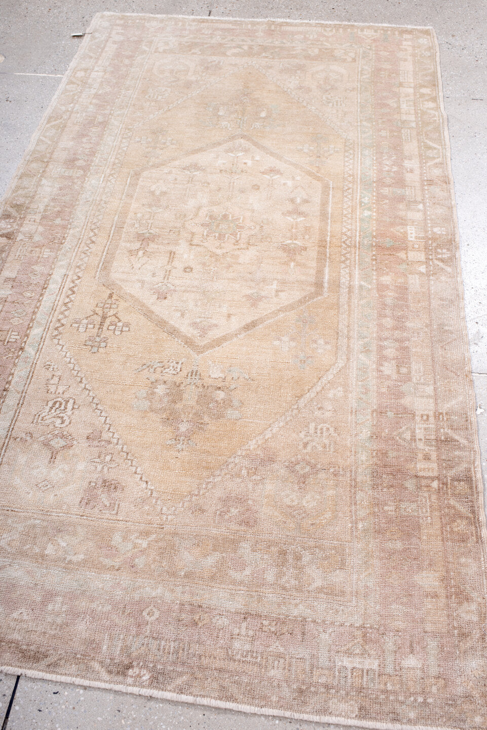 3' x 6' one-of-a-kind handmade vintage Anatolian small size rug. Color palette: antiquewhite, brown, gray, light gray, linen
