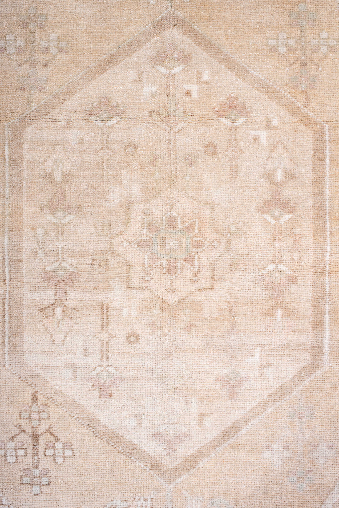 3' x 6' one-of-a-kind handmade antique Anatolian small size rug. Color palette: ivory, blush, sand, taupe, beige, camel