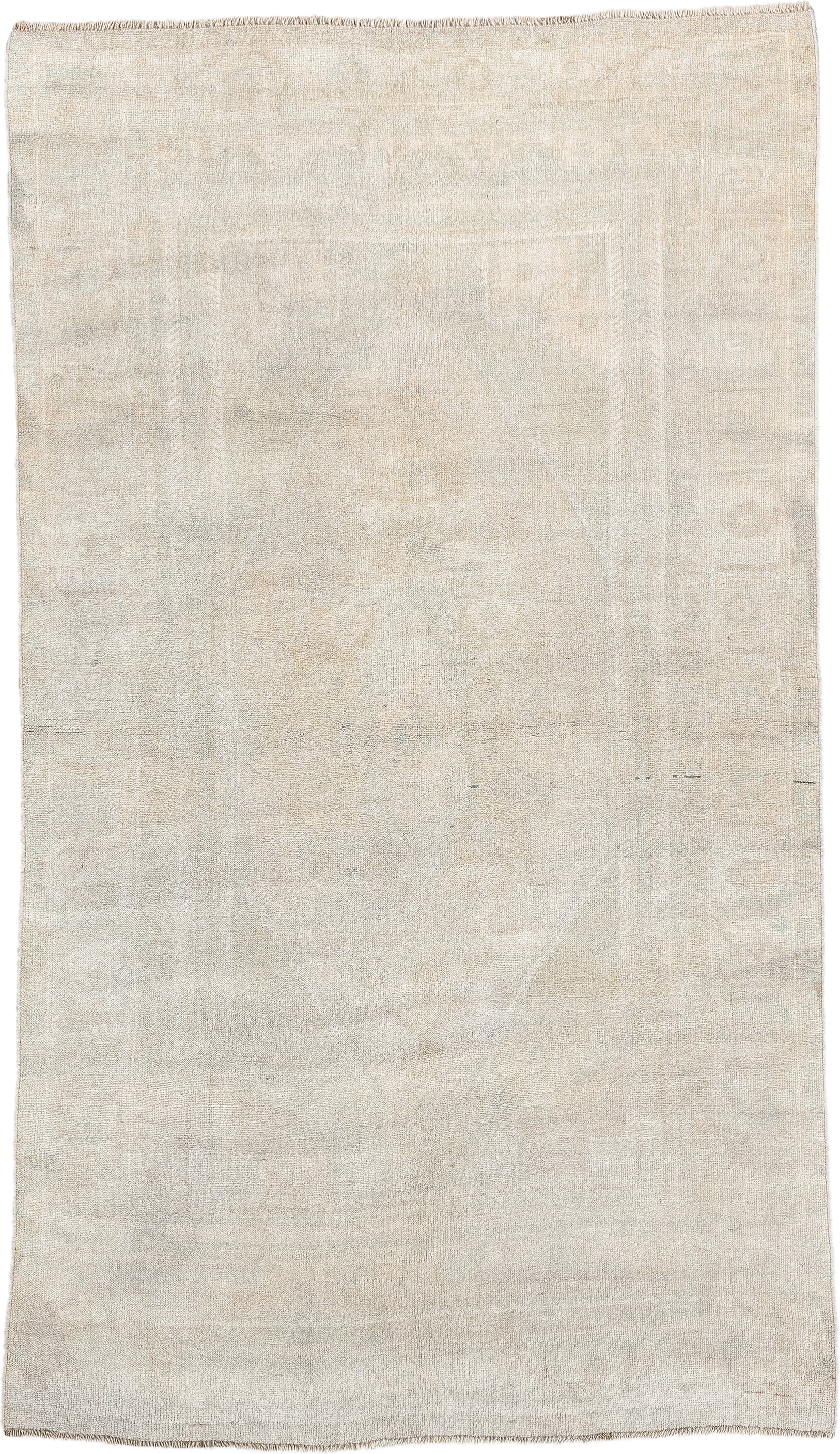 4' x 7' one-of-a-kind handmade antique Anatolian rug. Color palette: ivory, cream, taupe, pale sage, beige, gray, green