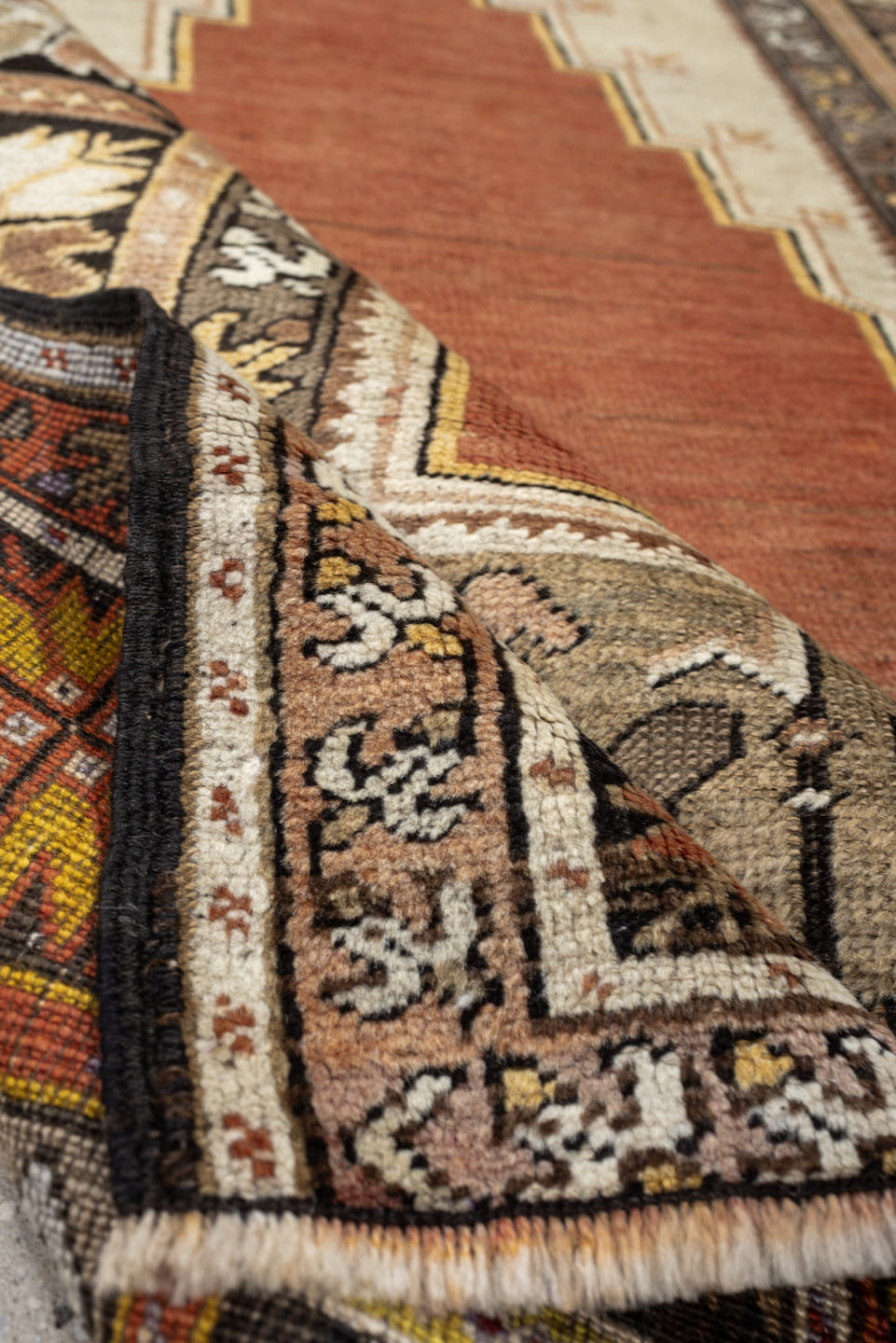 3' x 5' one-of-a-kind handmade antique Anatolian small size rug. Color palette: terracotta, ivory, taupe, brown, camel