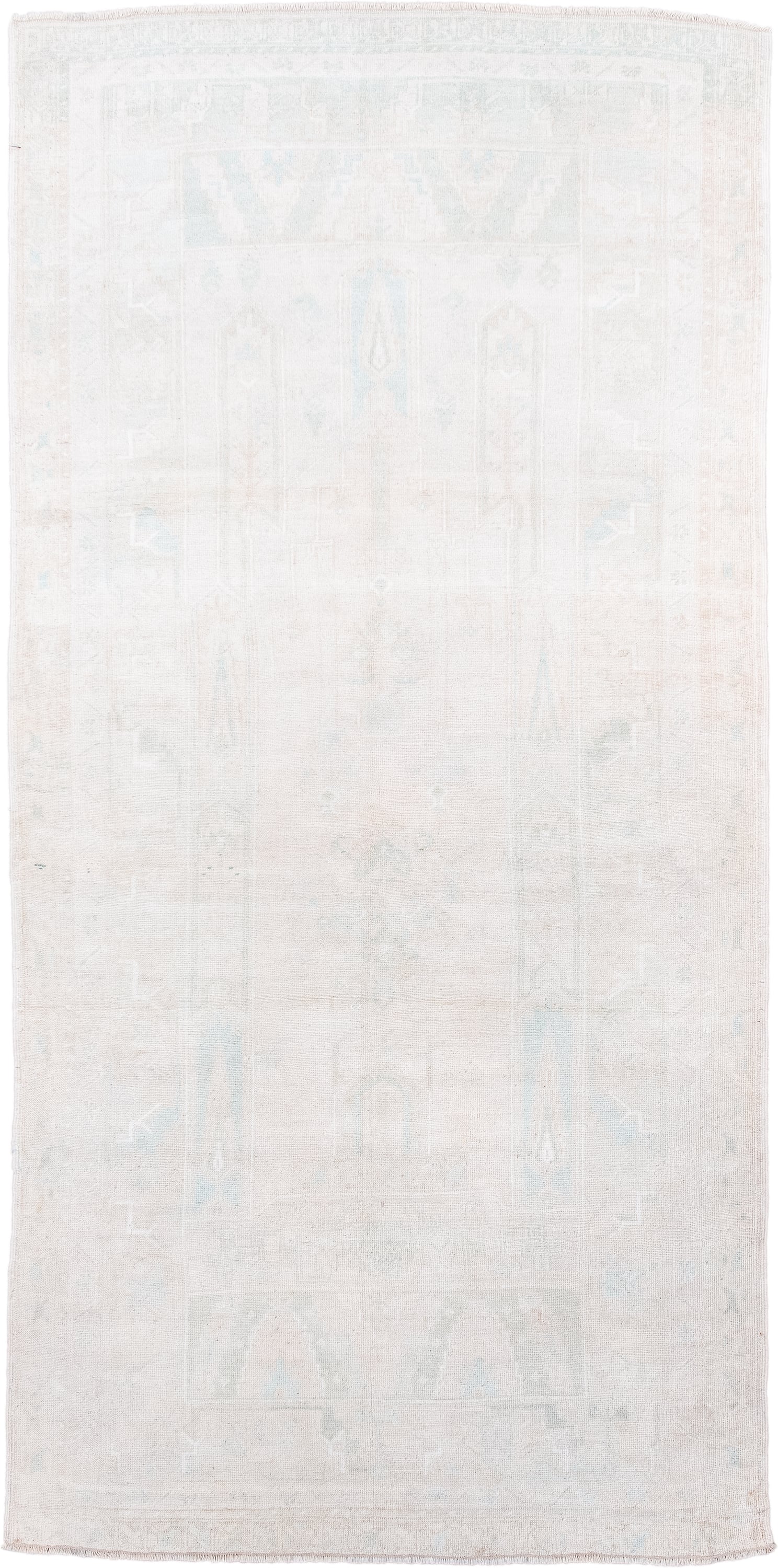 4' x 8' one-of-a-kind handmade antique Anatolian runner rug. Color palette: ivory, cream, pale blue, beige, taupe