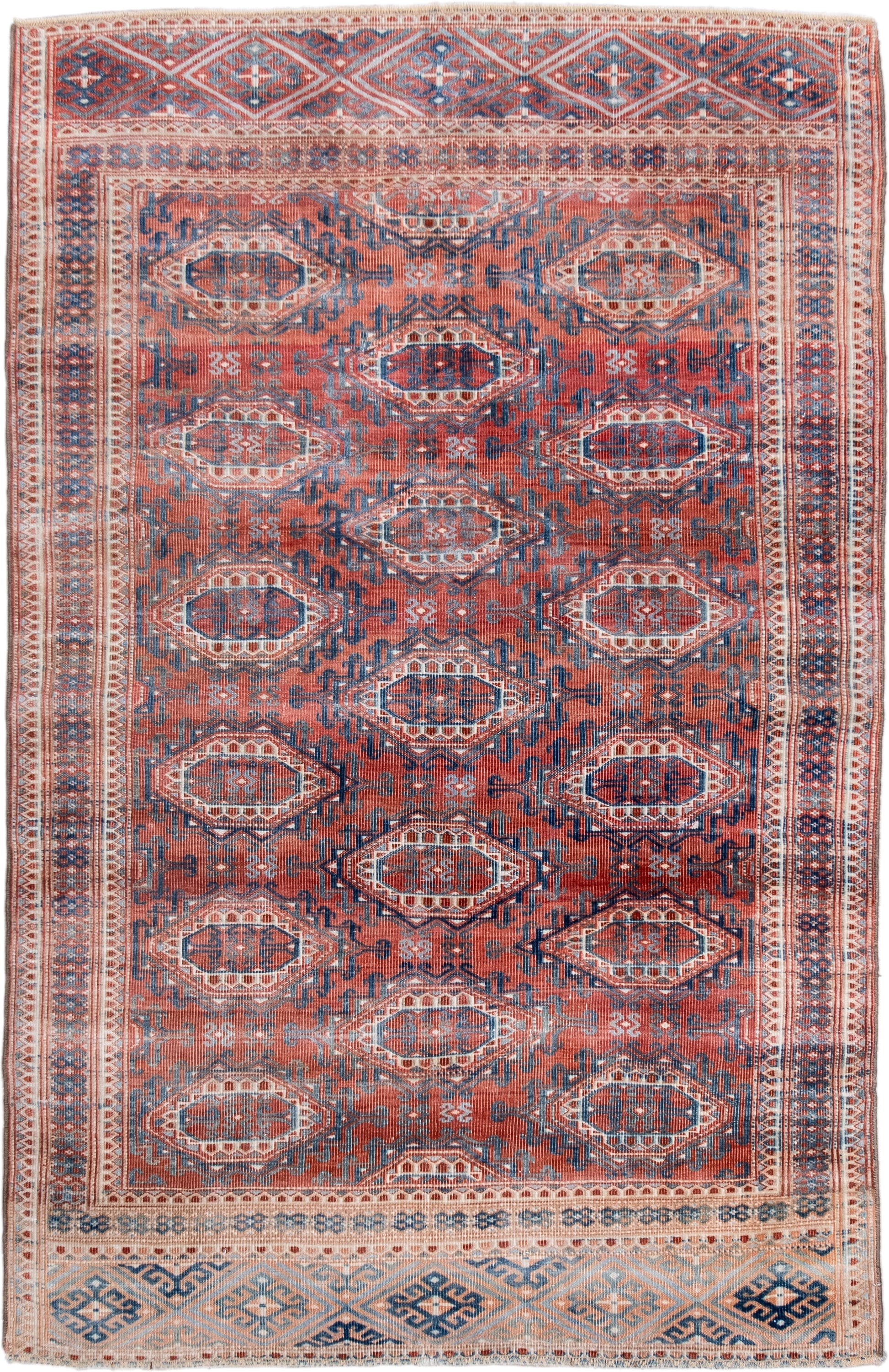 3' x 5' one-of-a-kind handmade antique Bokara small size rug. Color palette: terra cotta, indigo, ivory, rust, slate, cream