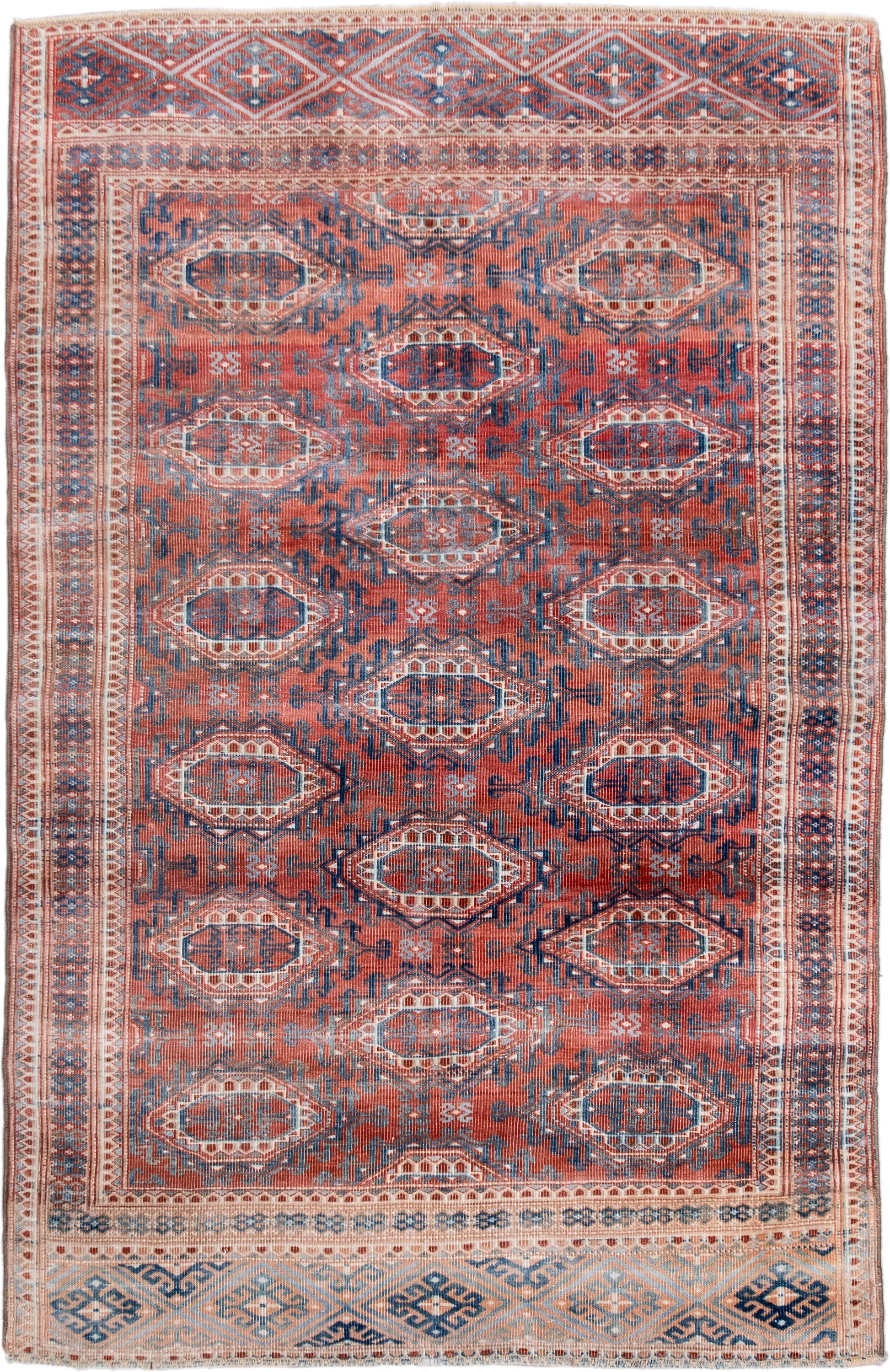 3' x 5' one-of-a-kind handmade antique Bokara small size rug. Color palette: terra cotta, indigo, ivory, rust, slate, cream