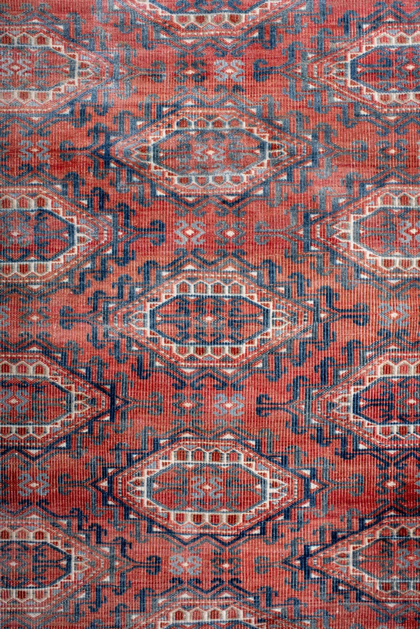 3' x 5' one-of-a-kind handmade antique Bokara small size rug. Color palette: terra cotta, indigo, ivory, rust, slate, cream