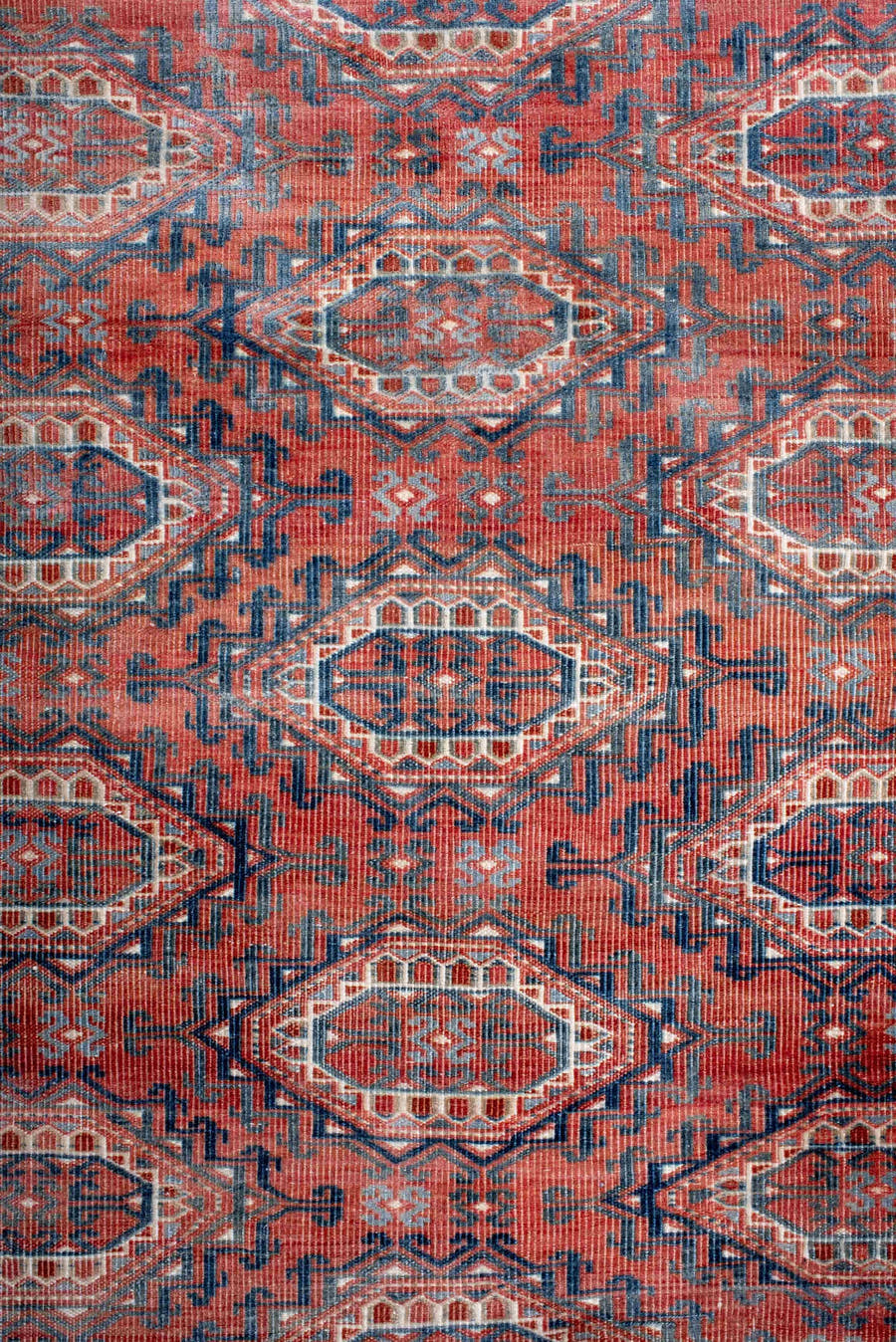3' x 5' one-of-a-kind handmade antique Bokara small size rug. Color palette: terra cotta, indigo, ivory, rust, slate, cream