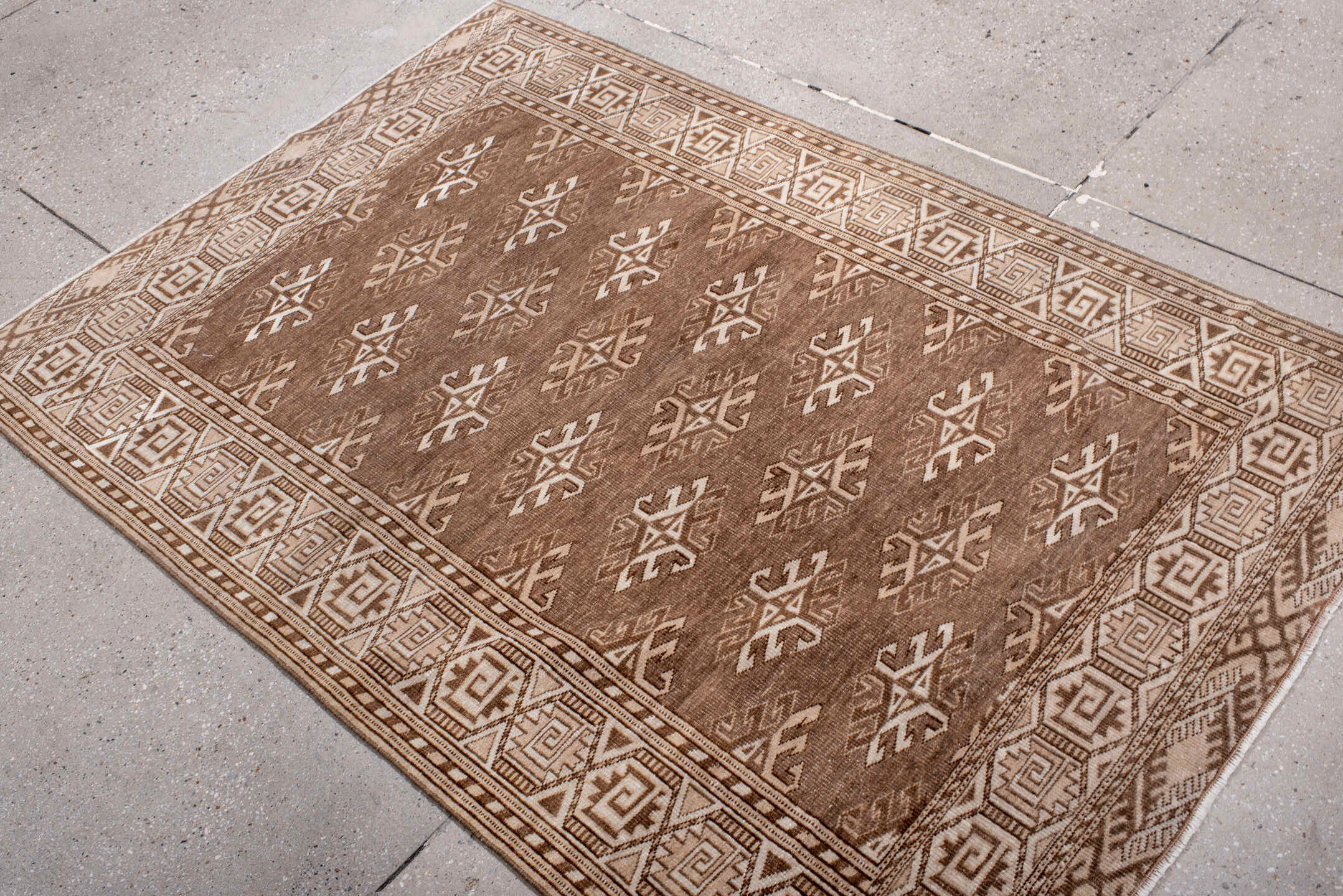 3' x 5' one-of-a-kind handmade antique Bokara small size rug. Color palette: camel, ivory, taupe, brown, beige, gray