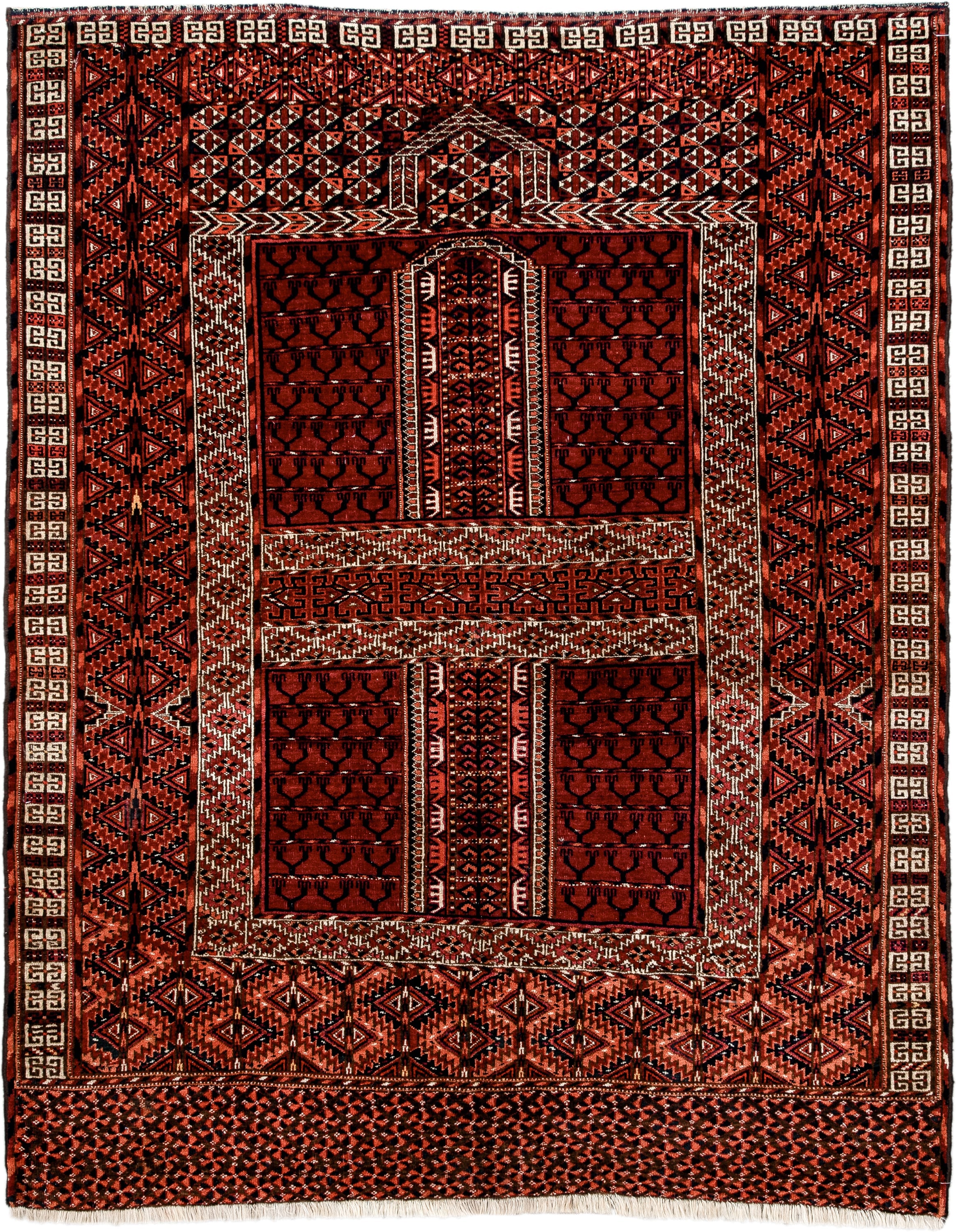 4' x 5' one-of-a-kind handmade antique Torkaman small size rug. Color palette: rust, crimson, ivory, black, terra cotta