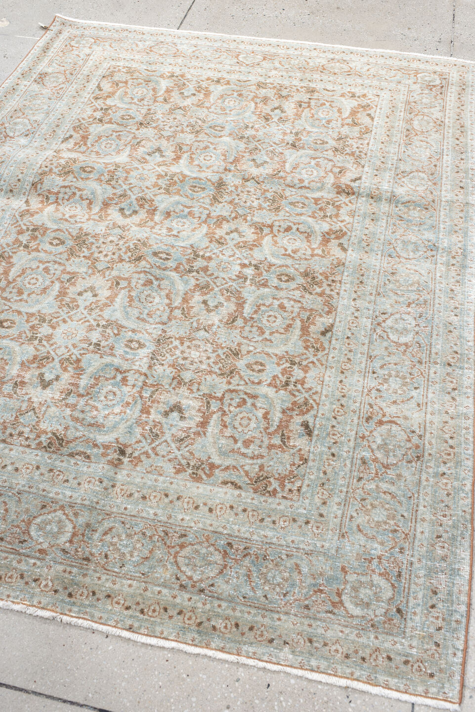 4' x 6' one-of-a-kind handmade antique Tabriz small size rug. Color palette: aqua, ivory, rust, taupe, camel, brown, teal
