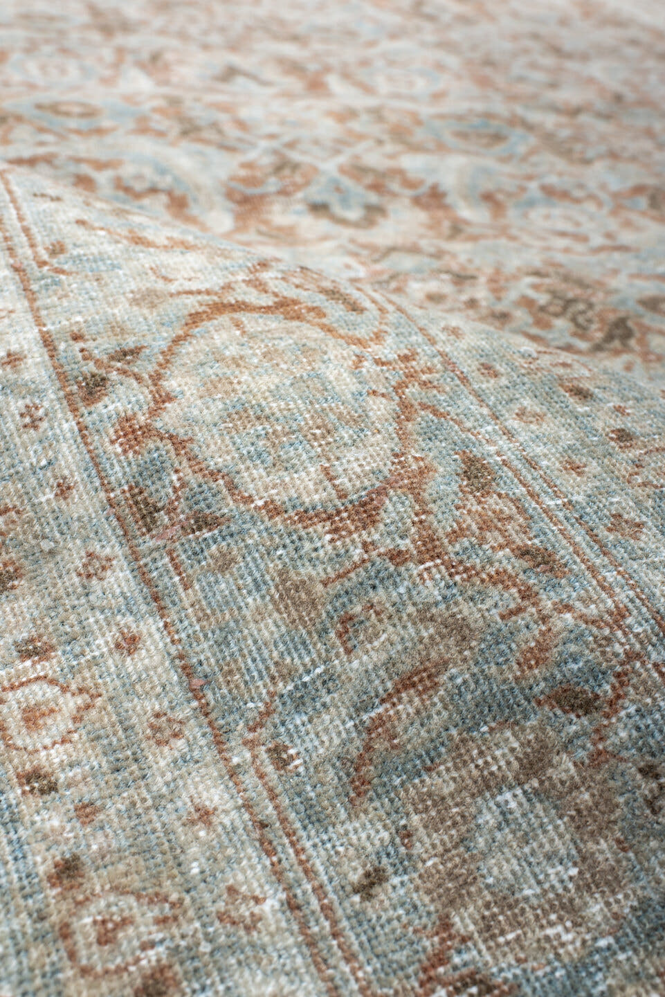 4' x 6' one-of-a-kind handmade antique Tabriz small size rug. Color palette: aqua, ivory, rust, taupe, camel, brown, teal