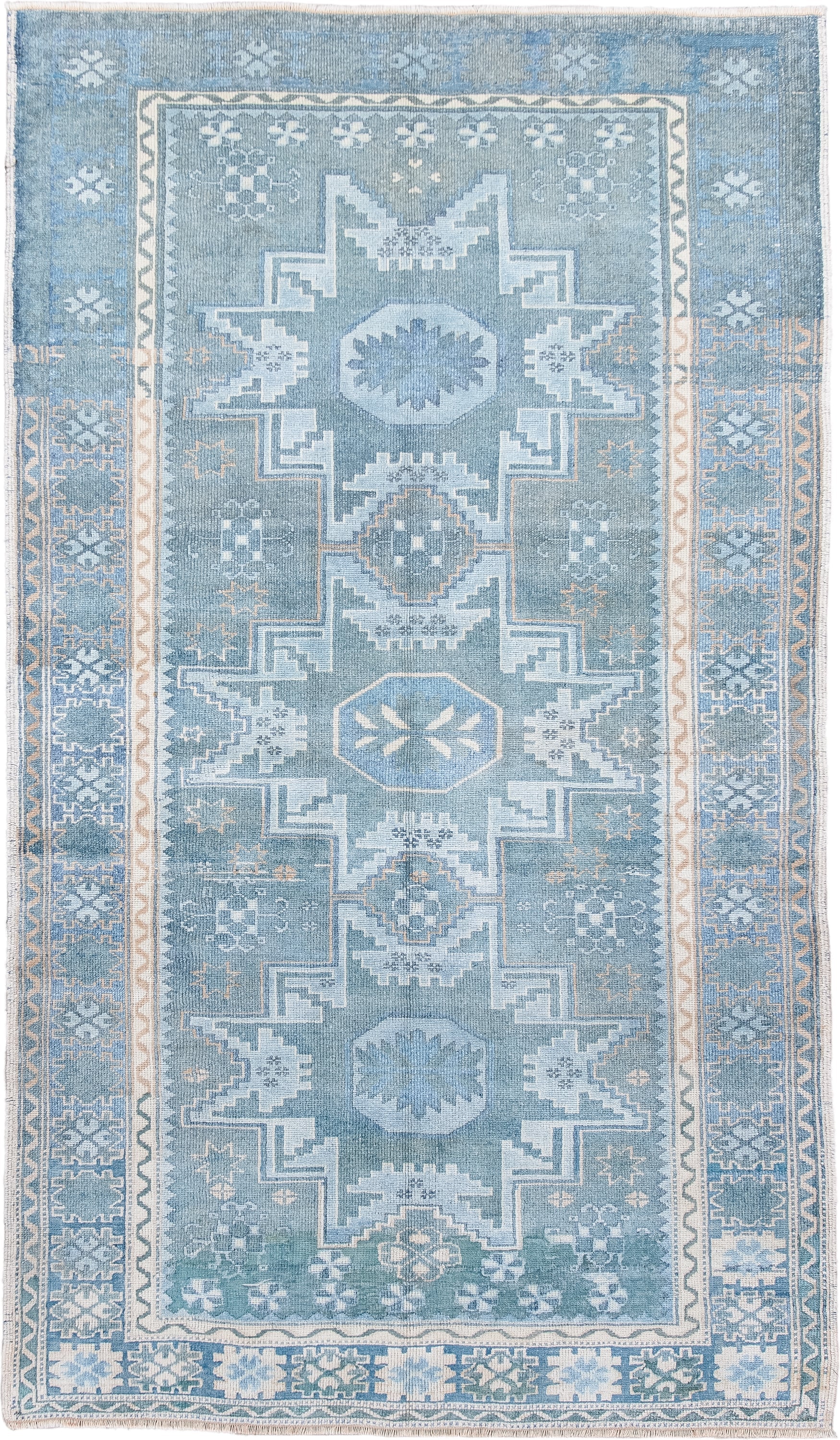 3' x 6' one-of-a-kind handmade antique Anatolian small size rug. Color palette: sky blue, powder blue, ivory, pale blue