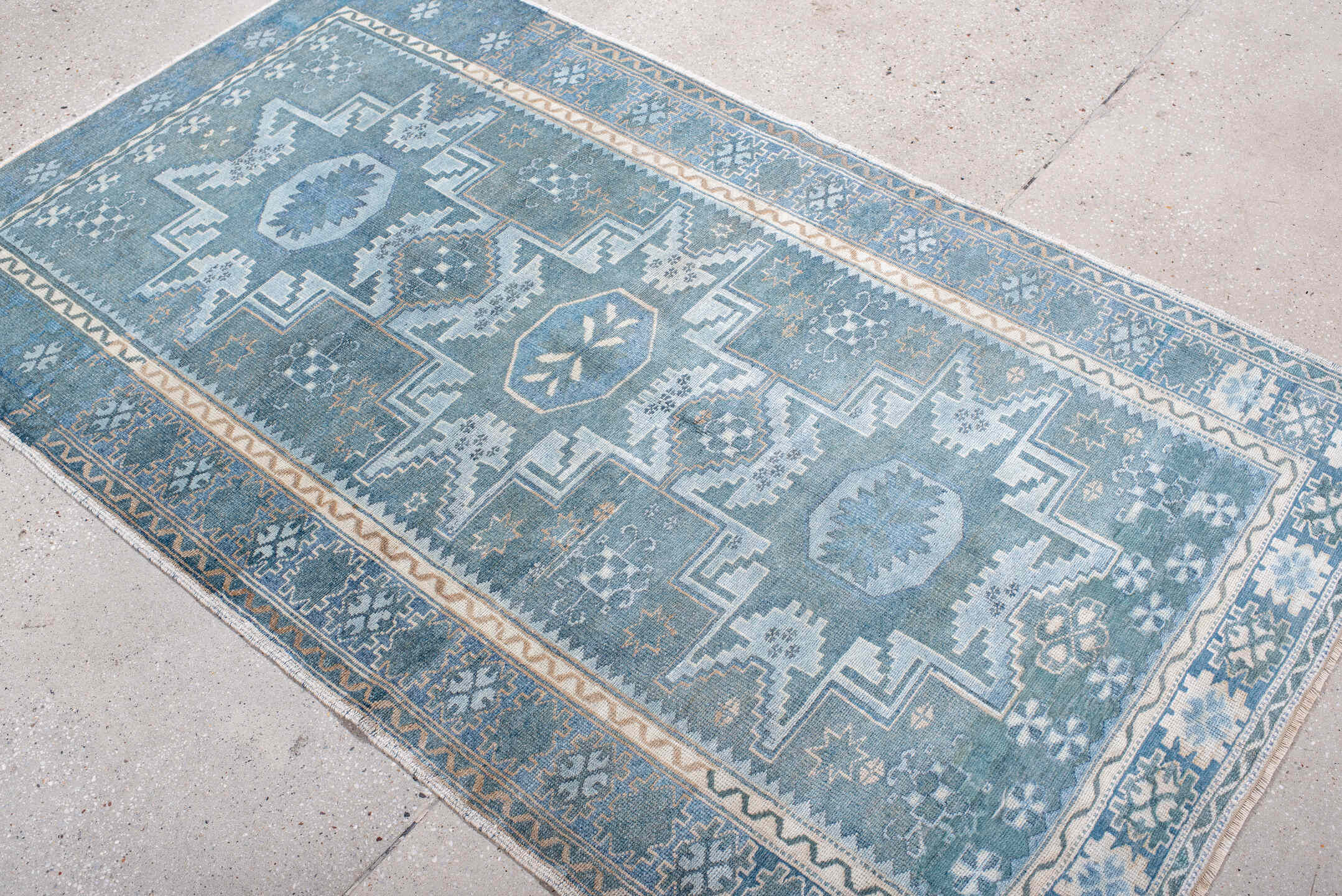 3' x 6' one-of-a-kind handmade antique Anatolian small size rug. Color palette: sky blue, powder blue, ivory, pale blue