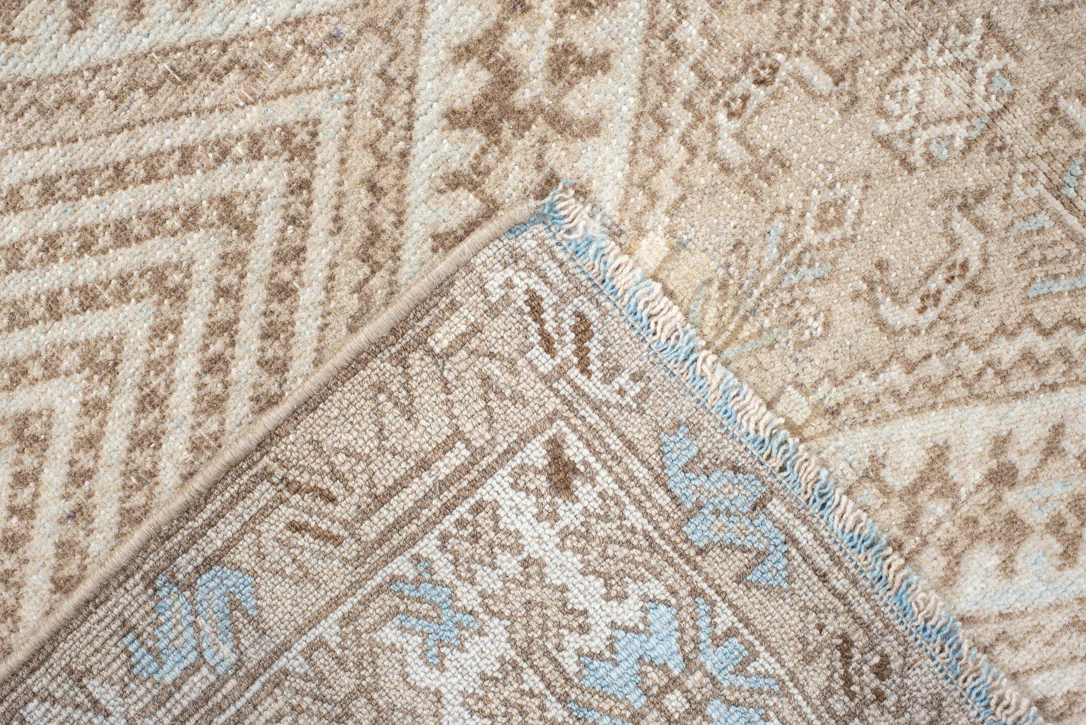 3' x 5' one-of-a-kind handmade vintage Shiraz small size rug. Color palette: ivory, beige, taupe, camel, pale blue, gray
