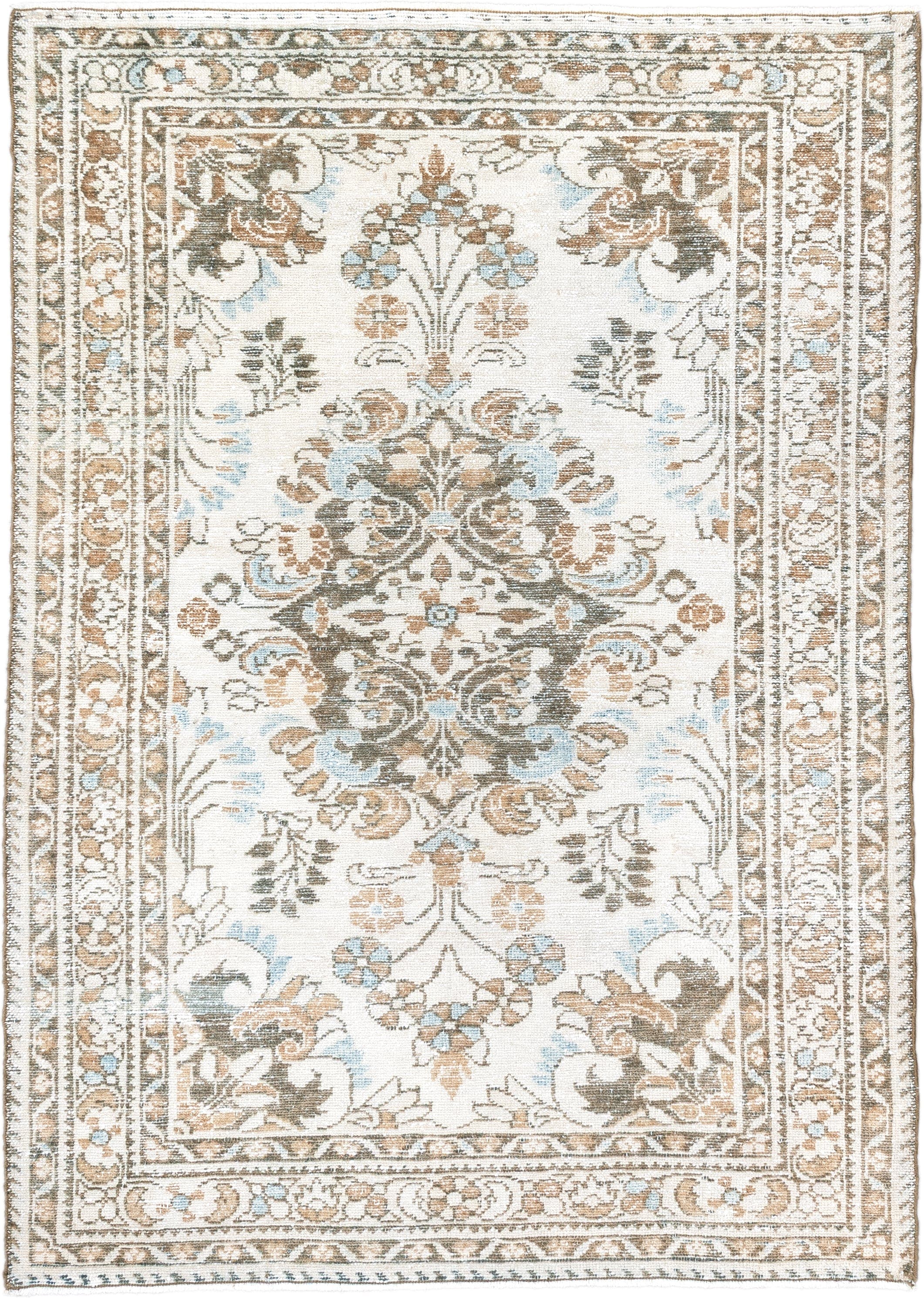 3' x 5' one-of-a-kind handmade antique Lilian small size rug. Color palette: ivory, taupe, camel, pale_blue, brown, sage