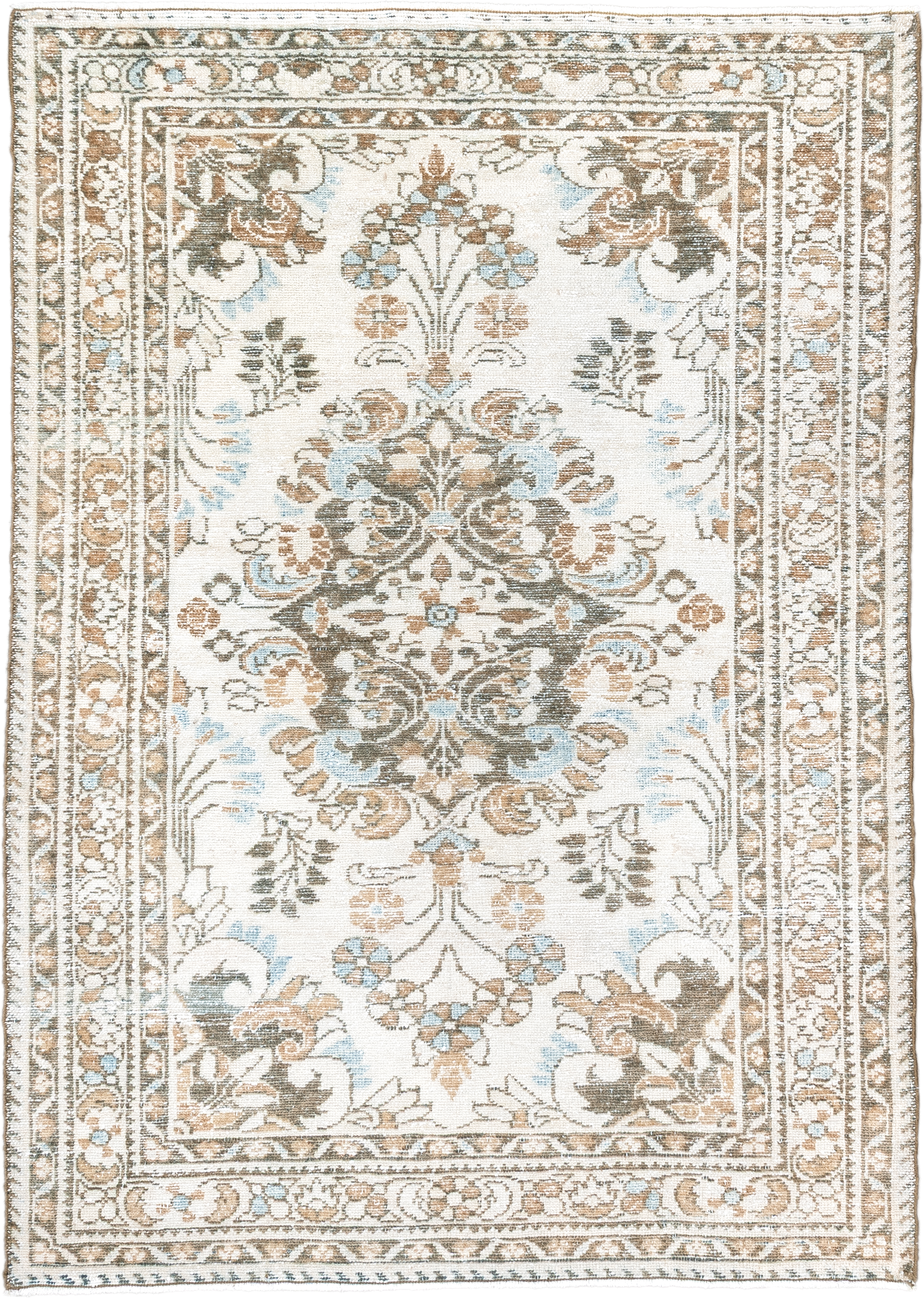 3' x 5' one-of-a-kind handmade antique Lilian small size rug. Color palette: ivory, taupe, camel, pale_blue, brown, sage