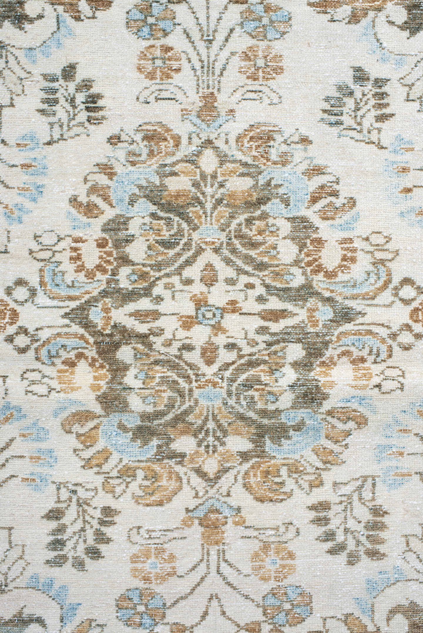 3' x 5' one-of-a-kind handmade antique Lilian small size rug. Color palette: ivory, taupe, camel, pale_blue, brown, sage