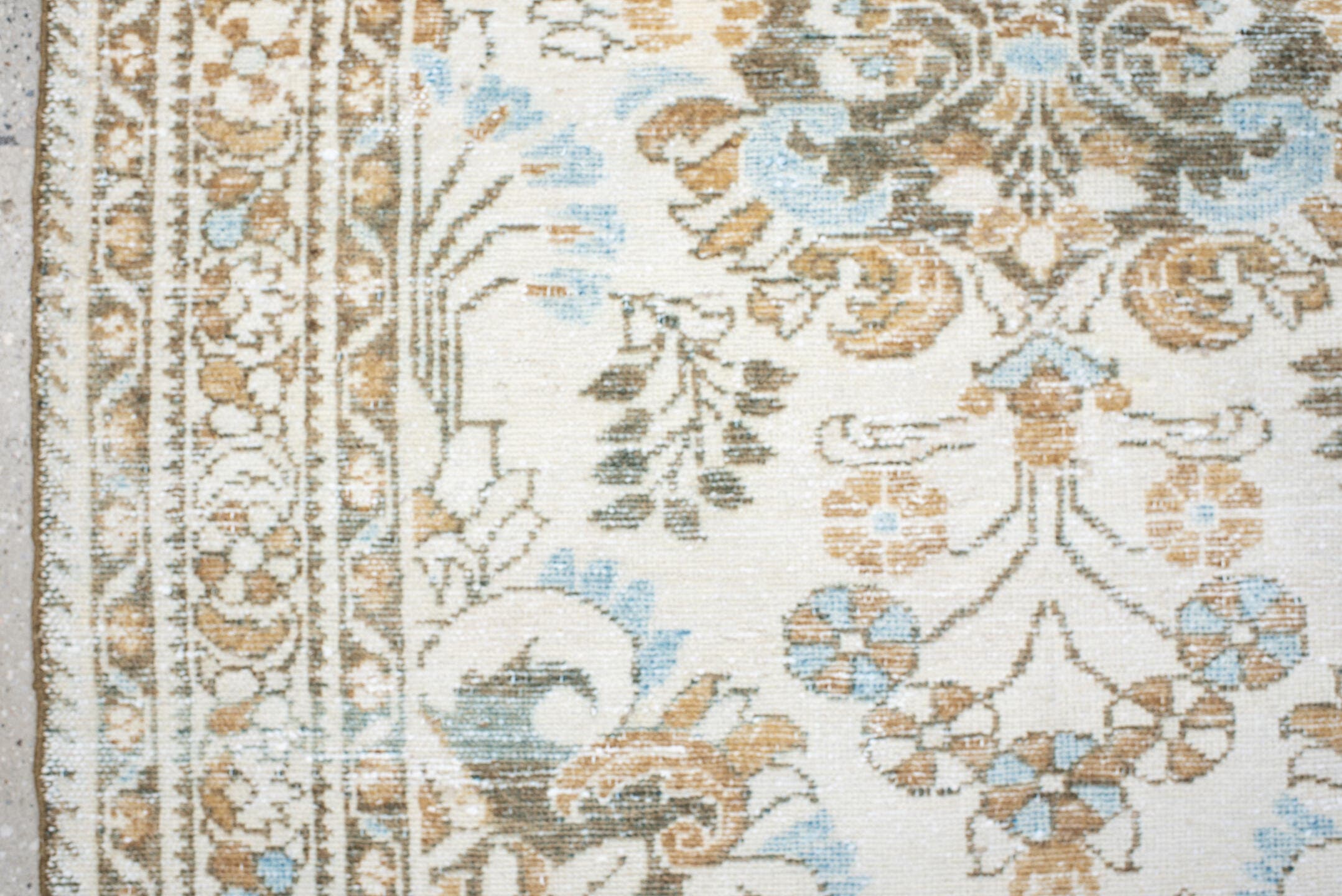 3' x 5' one-of-a-kind handmade antique Lilian small size rug. Color palette: ivory, taupe, camel, pale_blue, brown, sage