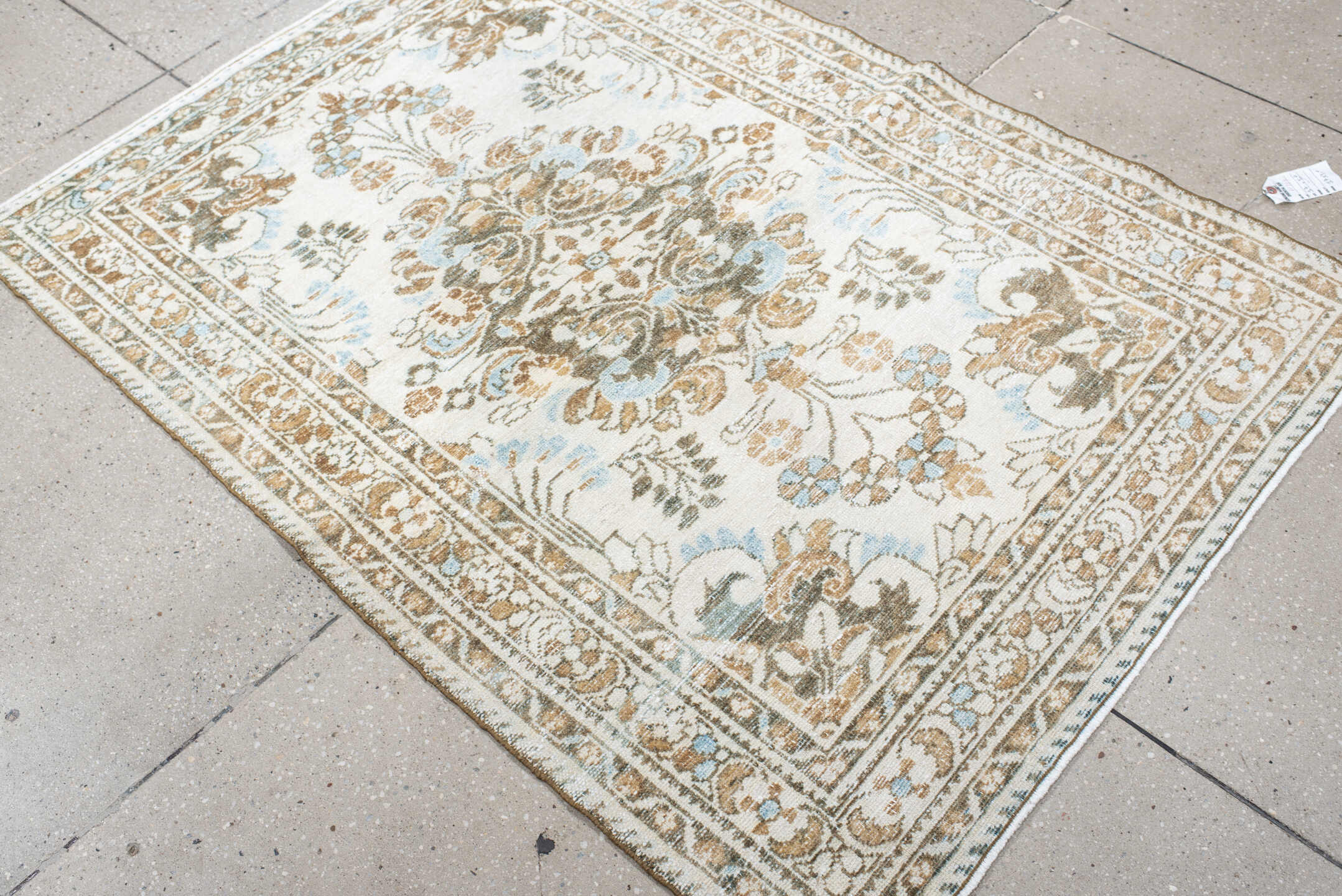 3' x 5' one-of-a-kind handmade antique Lilian small size rug. Color palette: ivory, taupe, camel, pale_blue, brown, sage