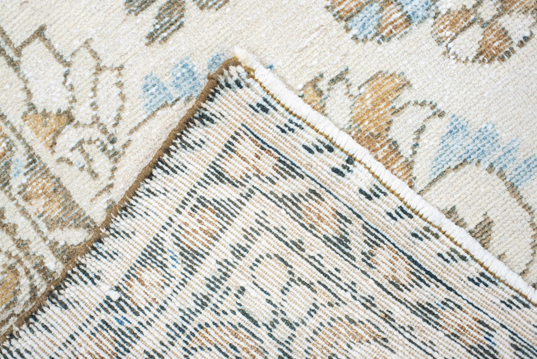 3' x 5' one-of-a-kind handmade antique Lilian small size rug. Color palette: ivory, taupe, camel, pale_blue, brown, sage