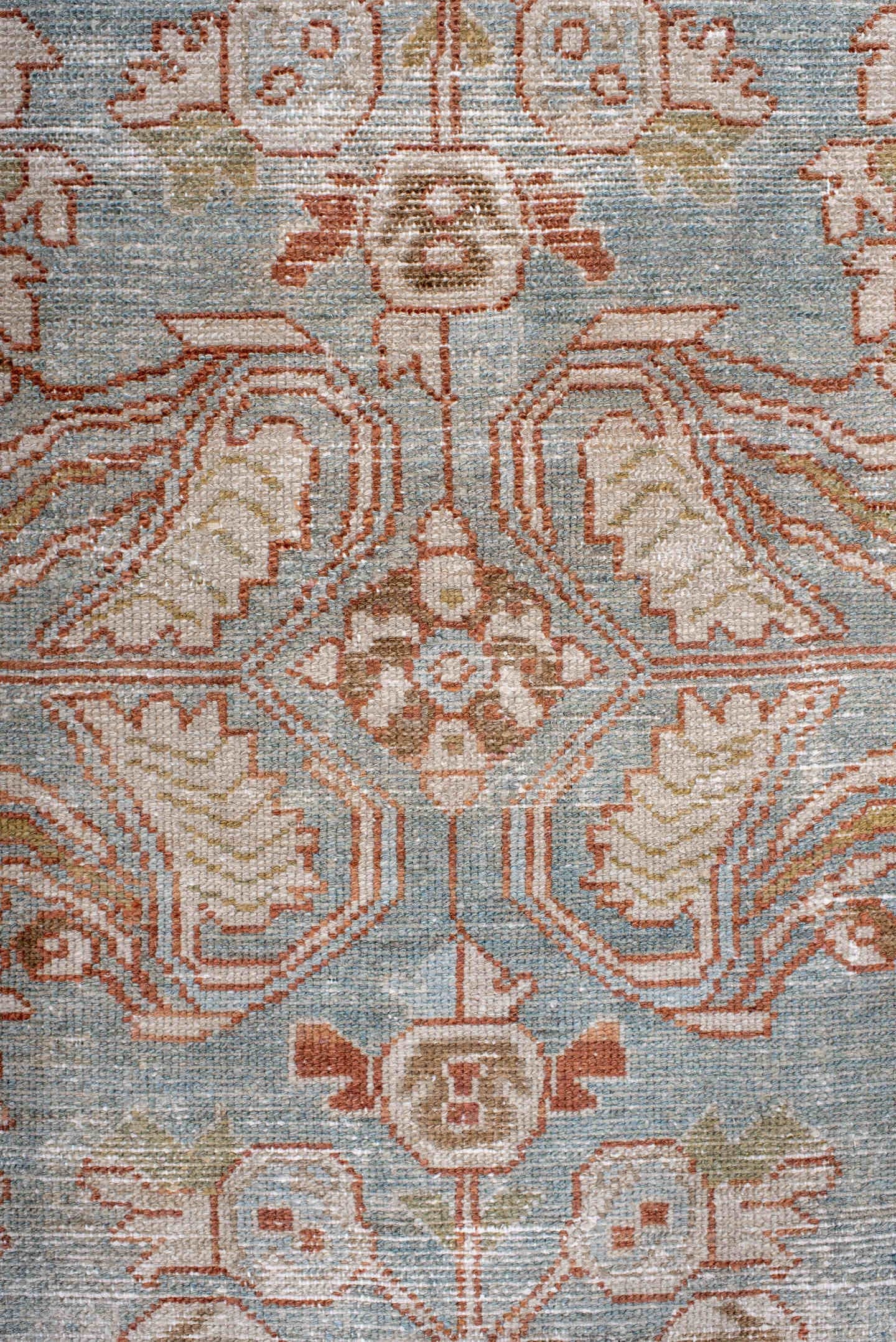 4' x 6' one-of-a-kind handmade antique Lilian small size rug. Color palette: light blue, ivory, rust, taupe, pale gold, sage